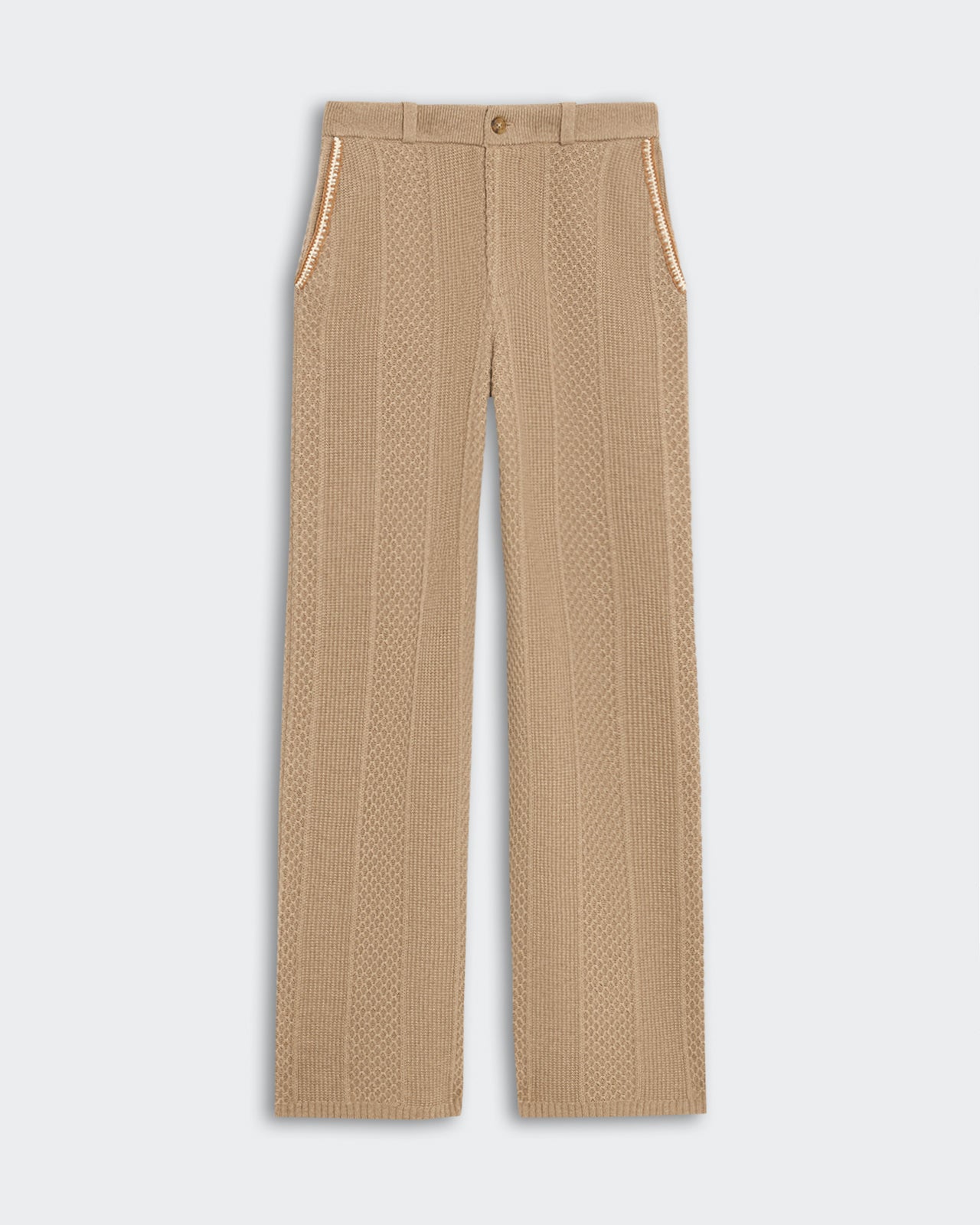 Taupe tailored cable trousers with vertical waffle texture and hand crochet trim on side pockets