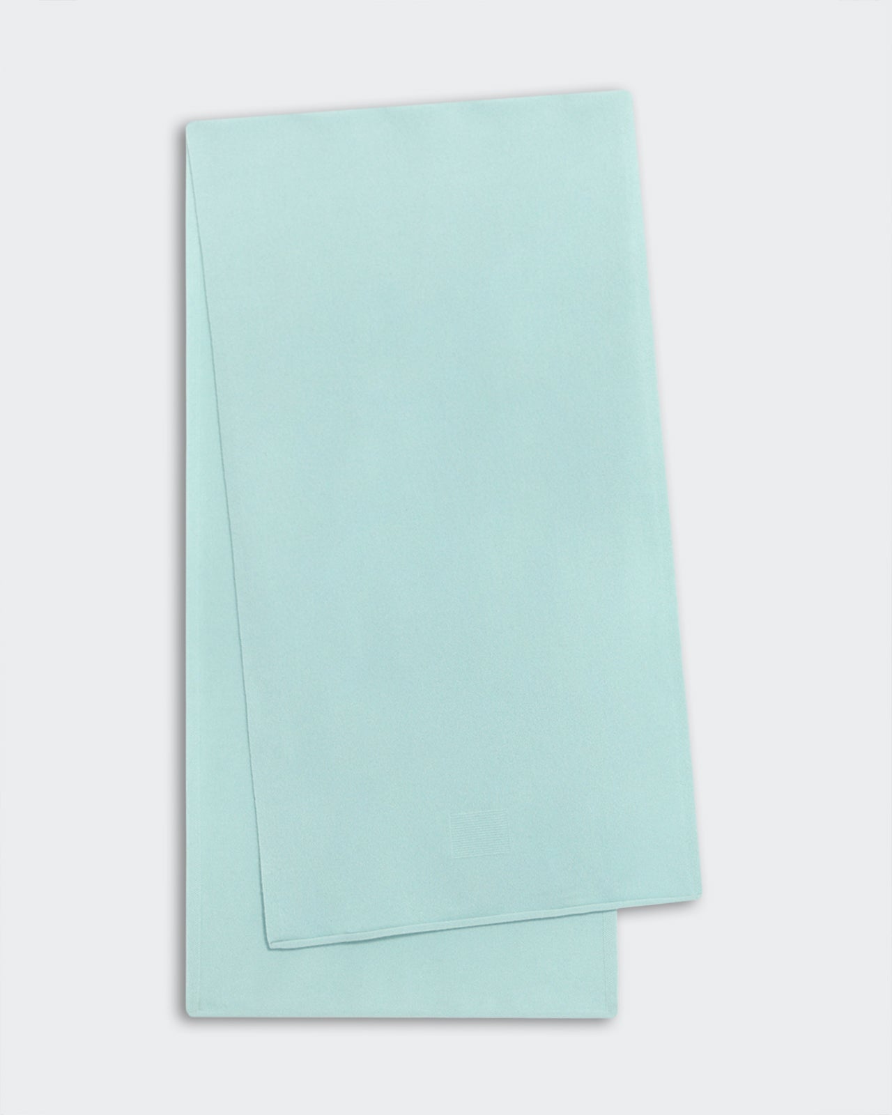 Light-weight sea glass green cashmere scarf with roll hem, 74 by 19 inches, premium knit from inner Mongolia.