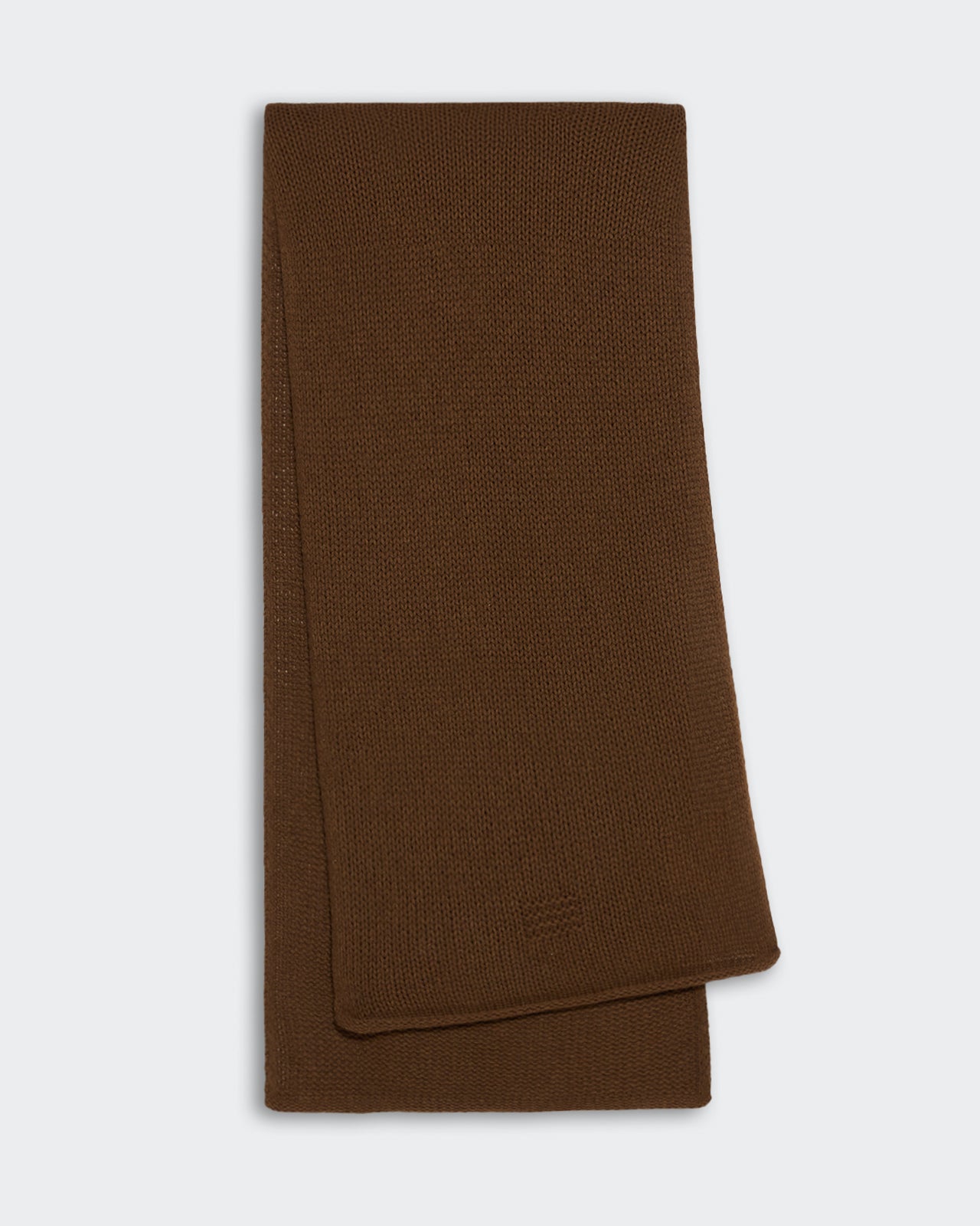 Chestnut brown blanket scarf made of 100% premium cashmere, light-weight open knit jersey, 72 by 19 inches.