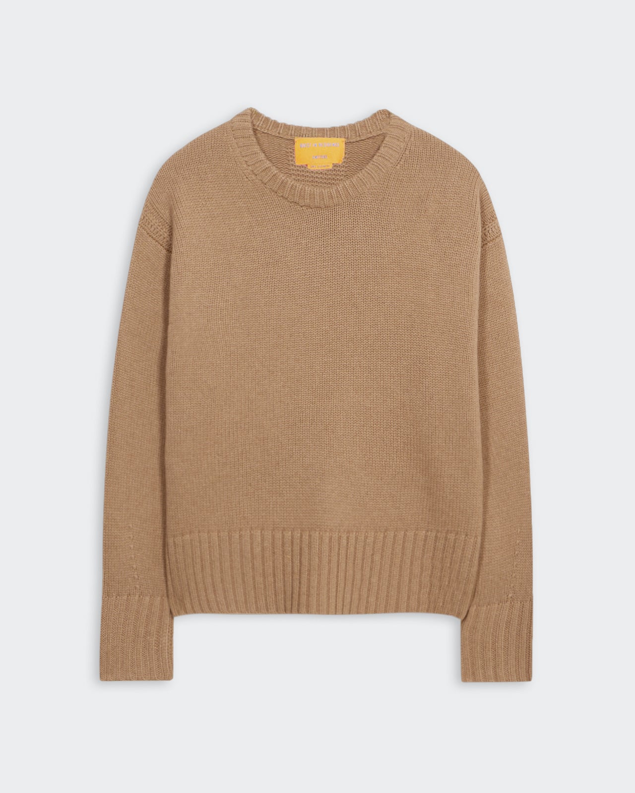 Cozy Crew - Almond oversized heavy-weight cashmere crew neck sweater with ribbed trims and dropped shoulders.