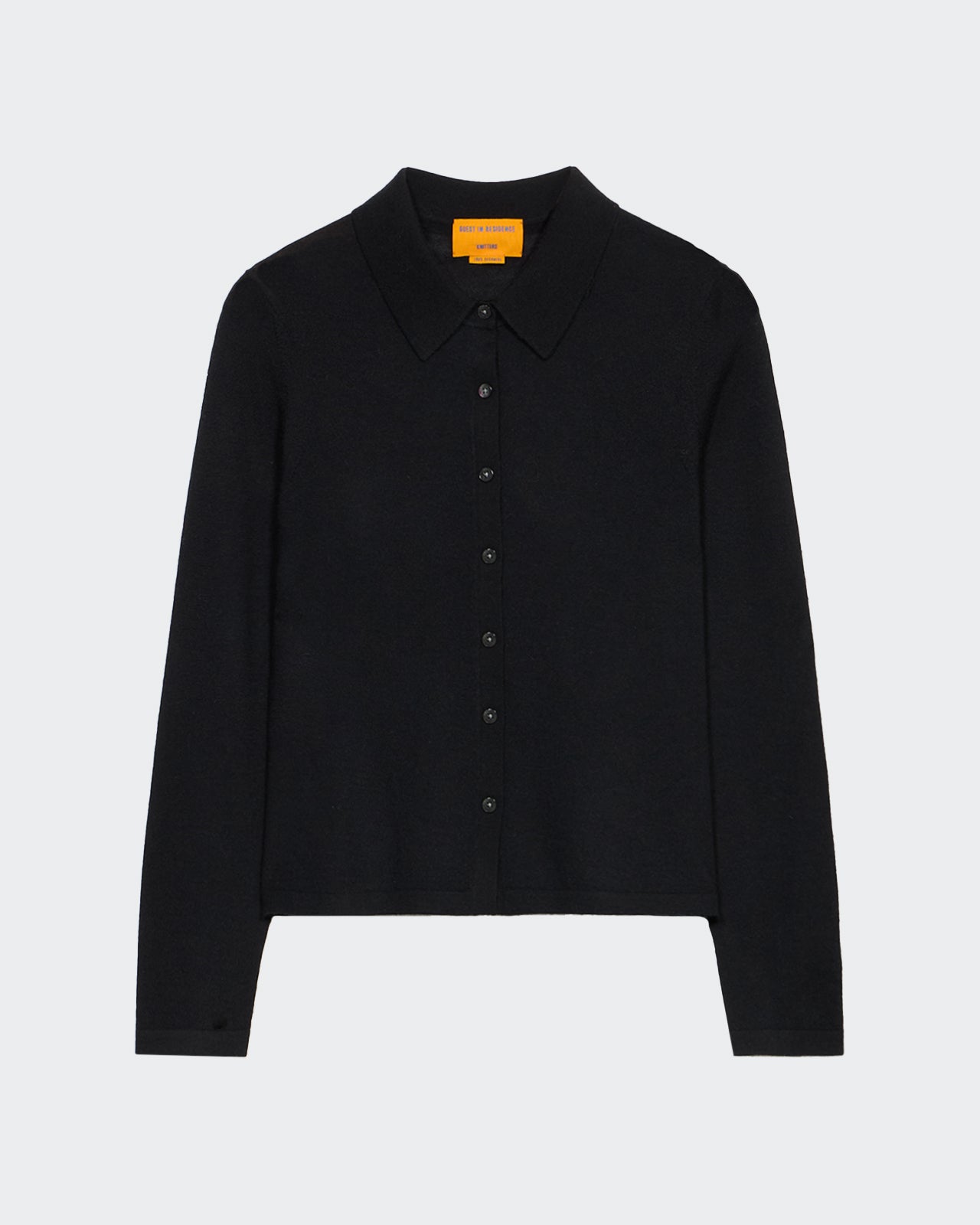 Elle Shirt - Black women's slim fit button-down cashmere shirt with collar and front patch pocket.