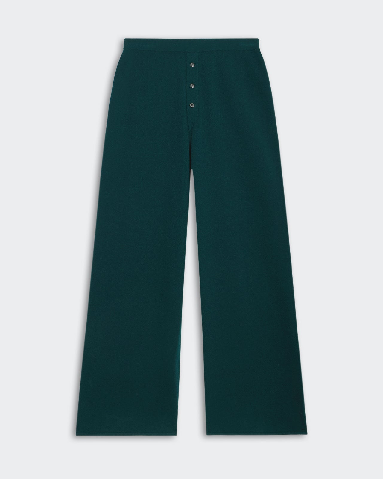 Everywear Pant - Holly in dark green, straight leg, elastic waistband, three-button placket, 100% cashmere.