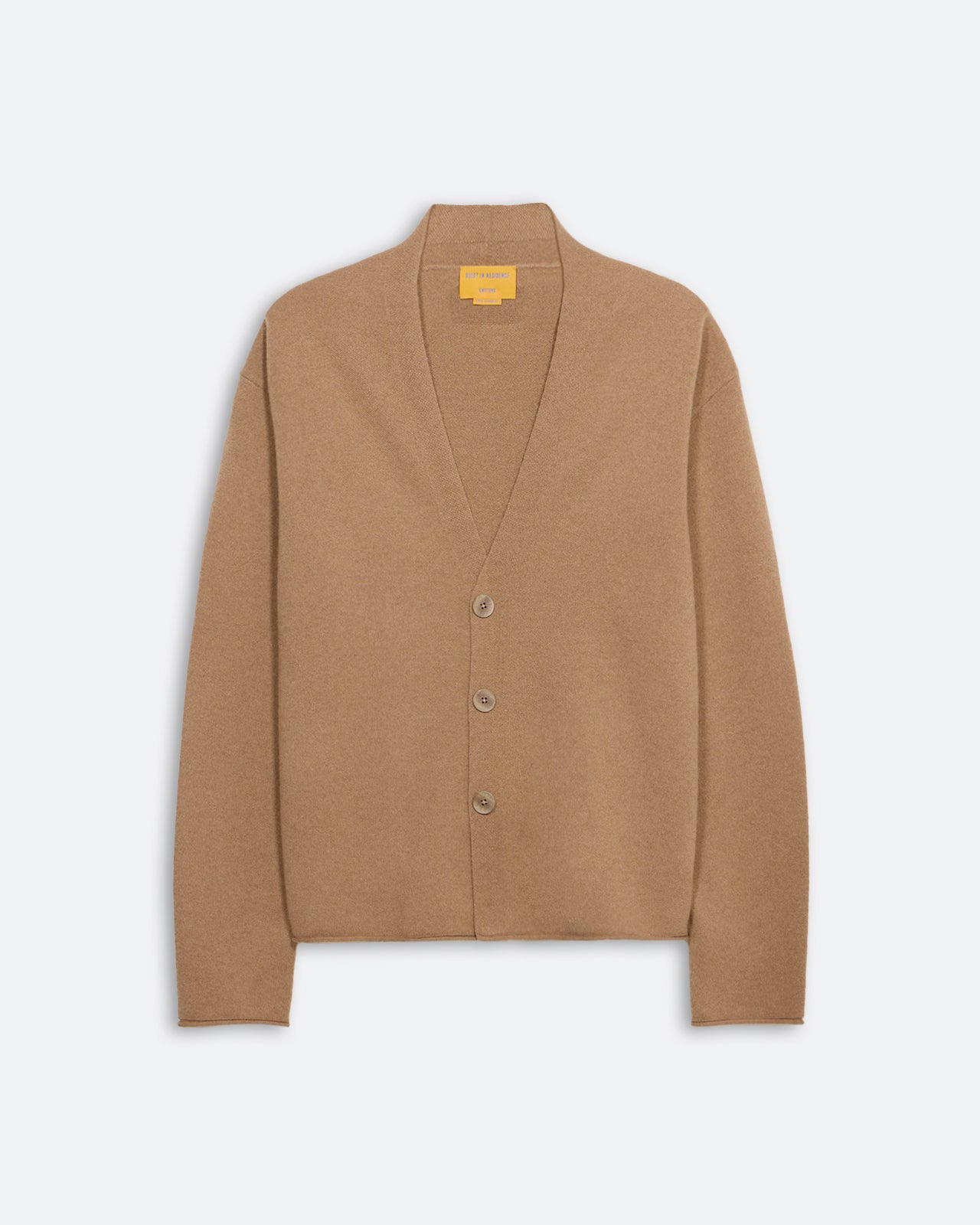 Everywear Cardigan - Almond in medium-weight cashmere with three-button closure and shawl collar design.