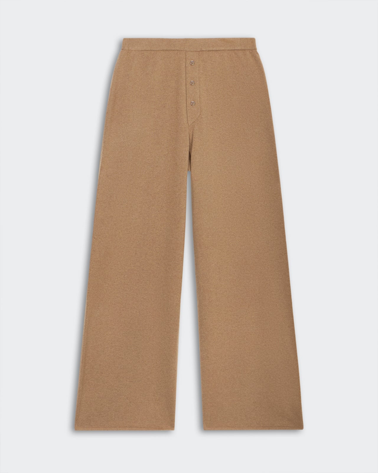Everywear Pant - Almond in lightweight cashmere with elastic waistband and three-button placket, straight leg relaxed fit.