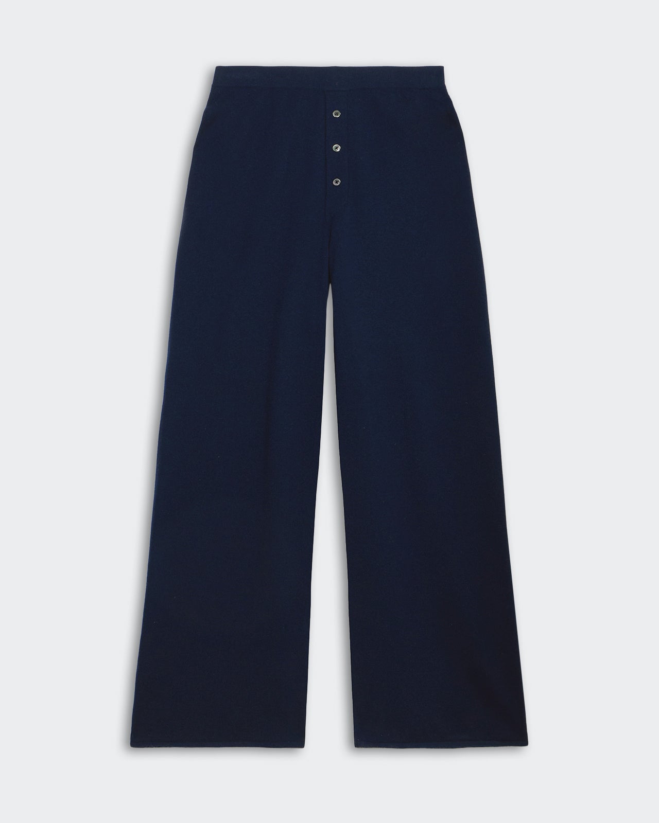 Everywear Pant - Midnight navy straight leg cashmere pants with elastic waistband and faux button placket
