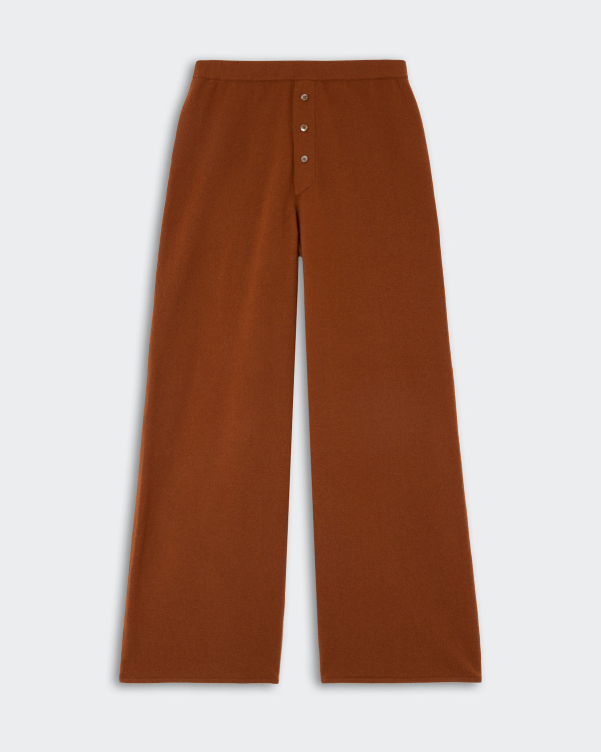 Wide-leg brown pants with a buttoned front closure, displayed flat on a plain light gray background.