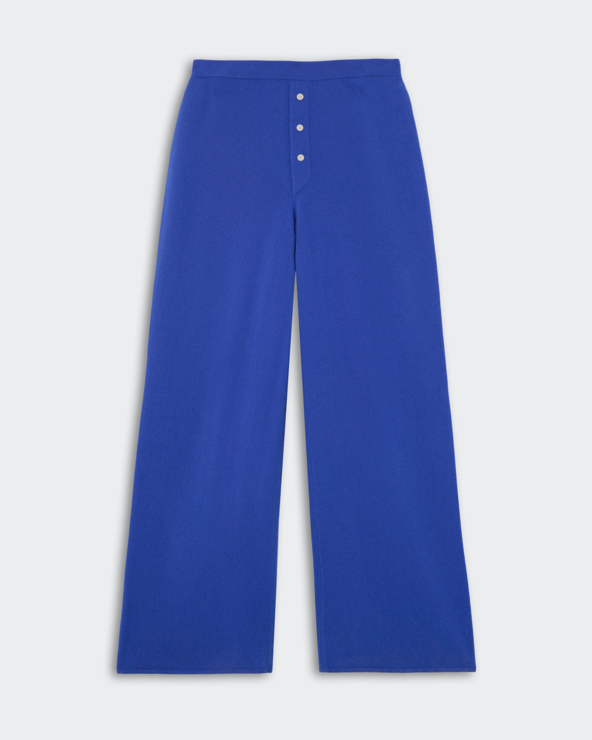 Wide-leg blue pants with a high waist and four front buttons, displayed on a plain light gray background.
