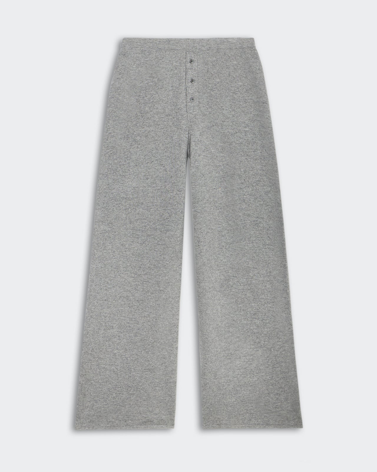 Everywear Pant - Heather Grey in lightweight knit cashmere with elastic waistband and three-button placket, relaxed straight leg fit.