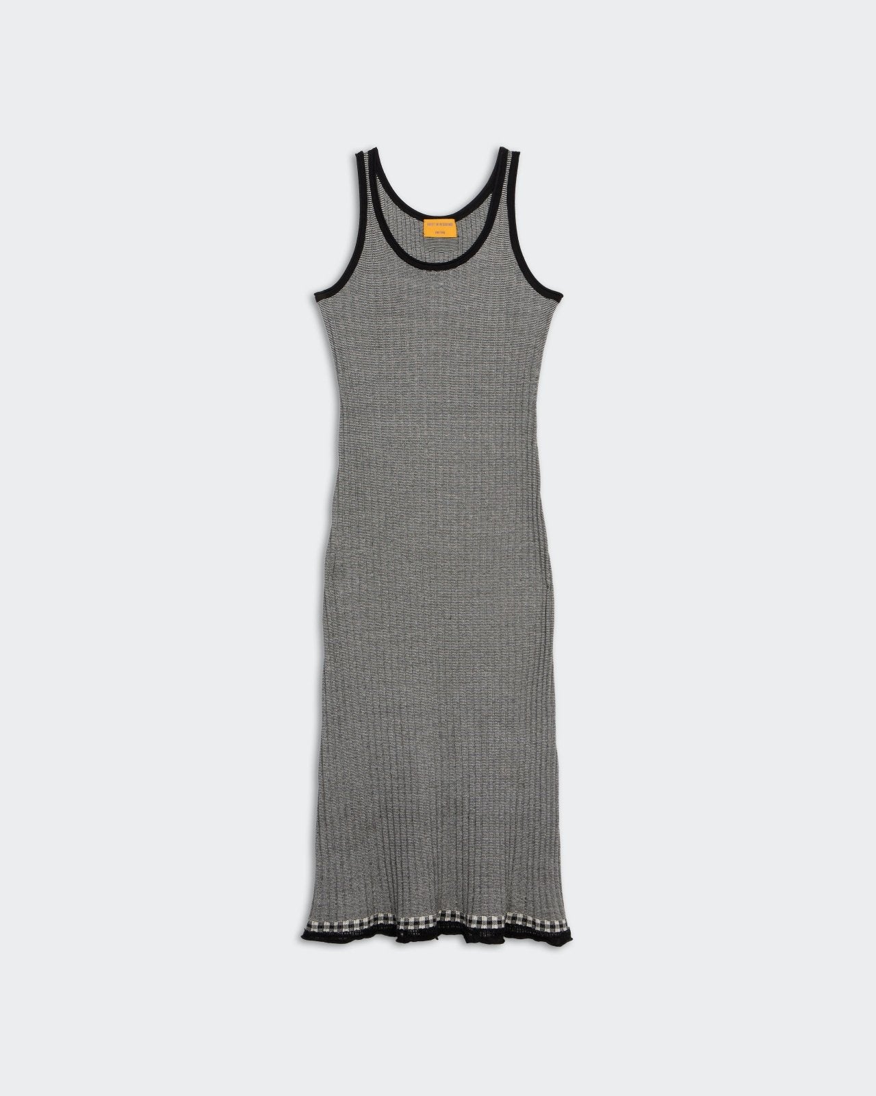 Fine Stripe Maxi Dress - Black/Cream, ribbed tank style, ankle length with gingham stitch hem detail and black trim.