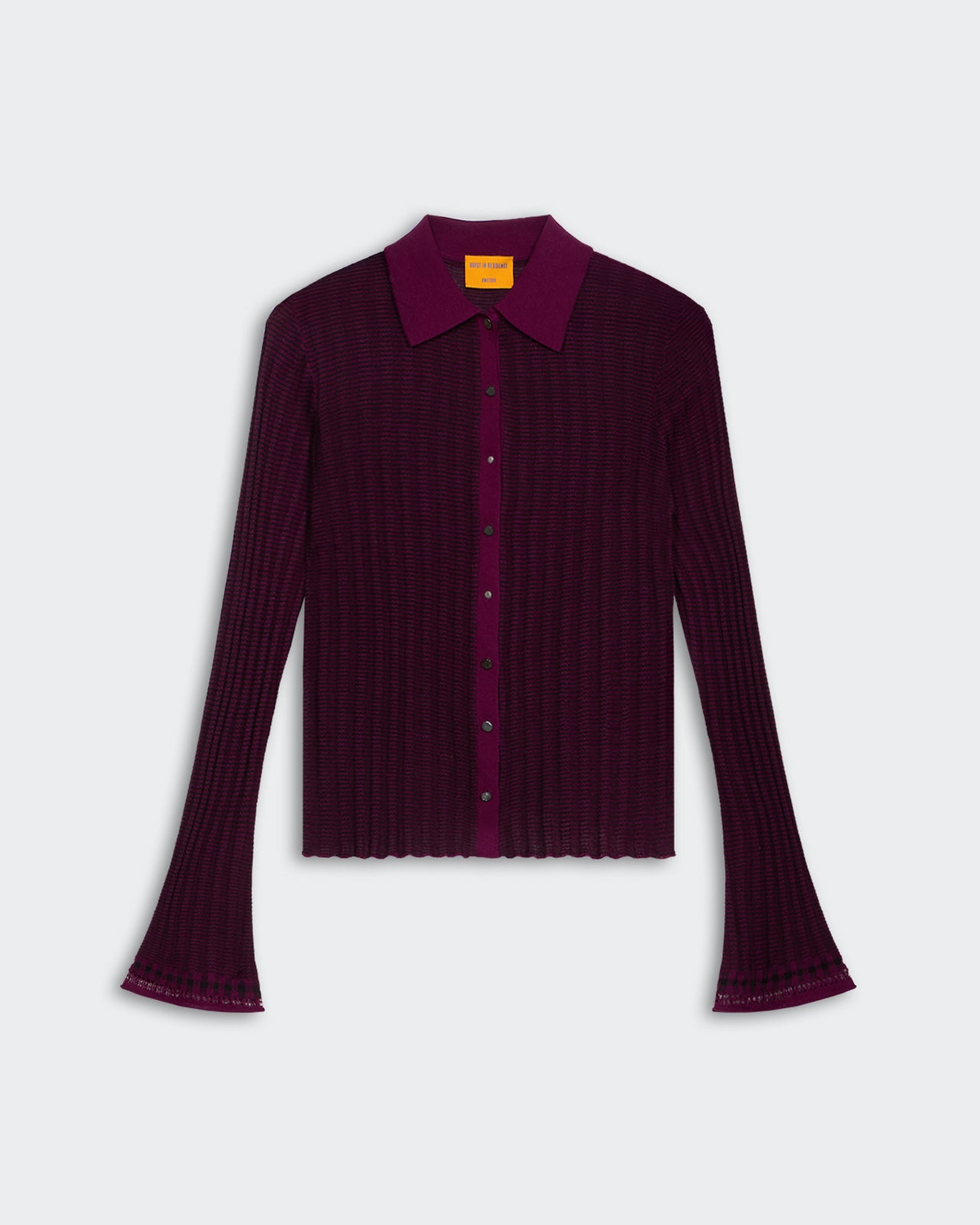 Fine Stripe Shirt - Aubergine/Black with ribbed texture, button closure, polo collar, and lace gingham sleeve and hem details.
