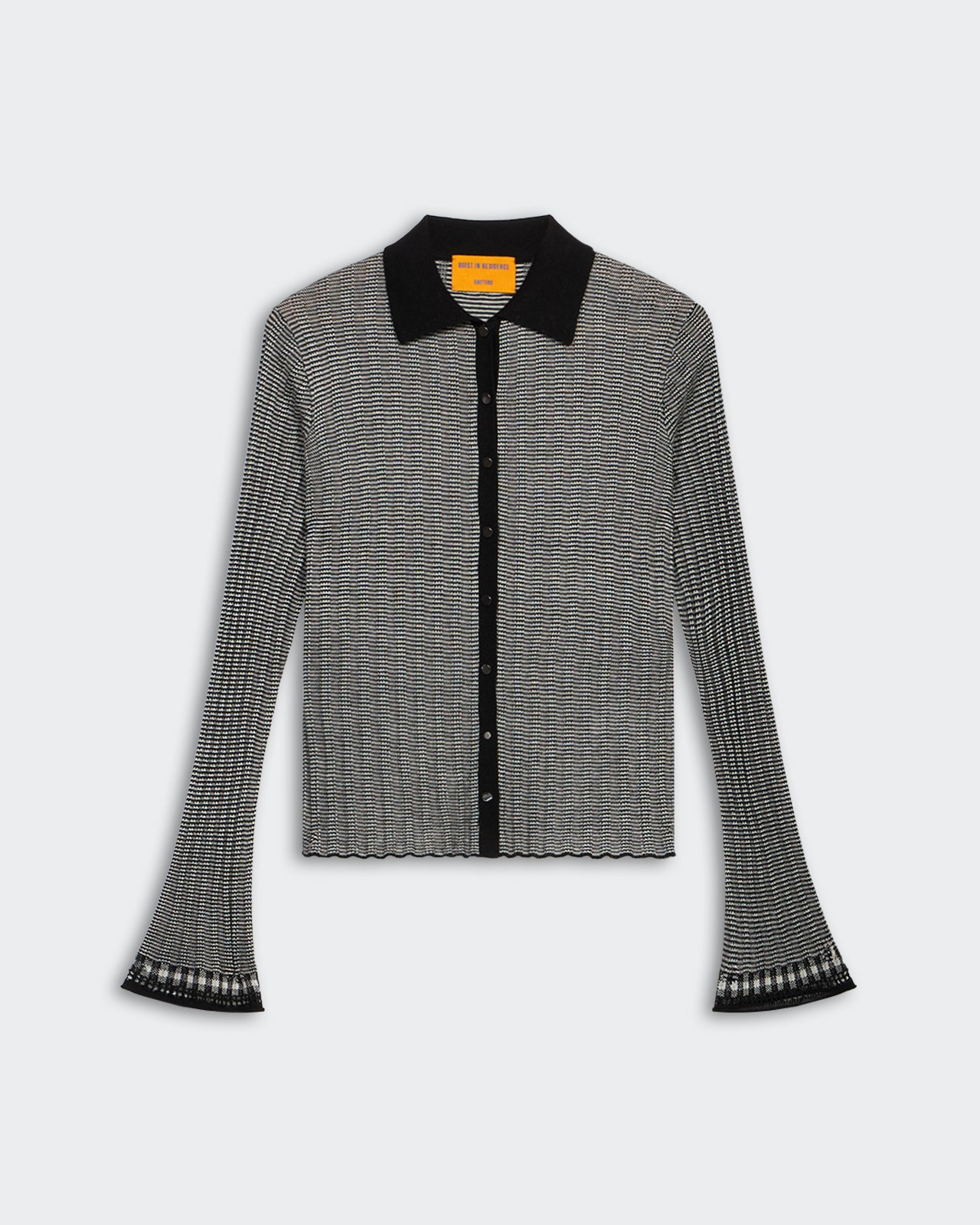 Fine Stripe Shirt Black Cream ribbed striped button-up with black collar and lace gingham stitch detail at sleeves and hem.