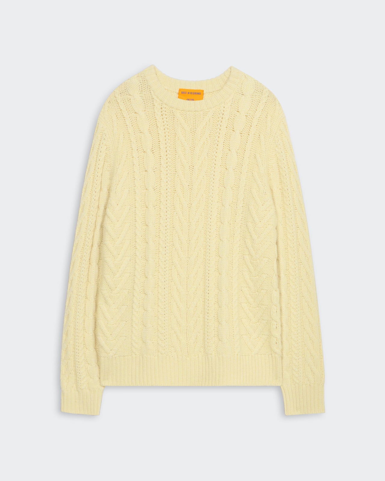 Fisherman Crew - Butter men’s heavyweight aran cable knit sweater with rib cuff, hem, and neck trim.