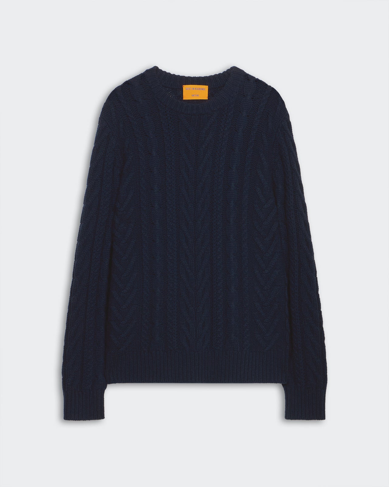Fisherman Crew - Midnight men’s heavy-weight cable knit sweater with rib cuffs and crew neck in dark navy.
