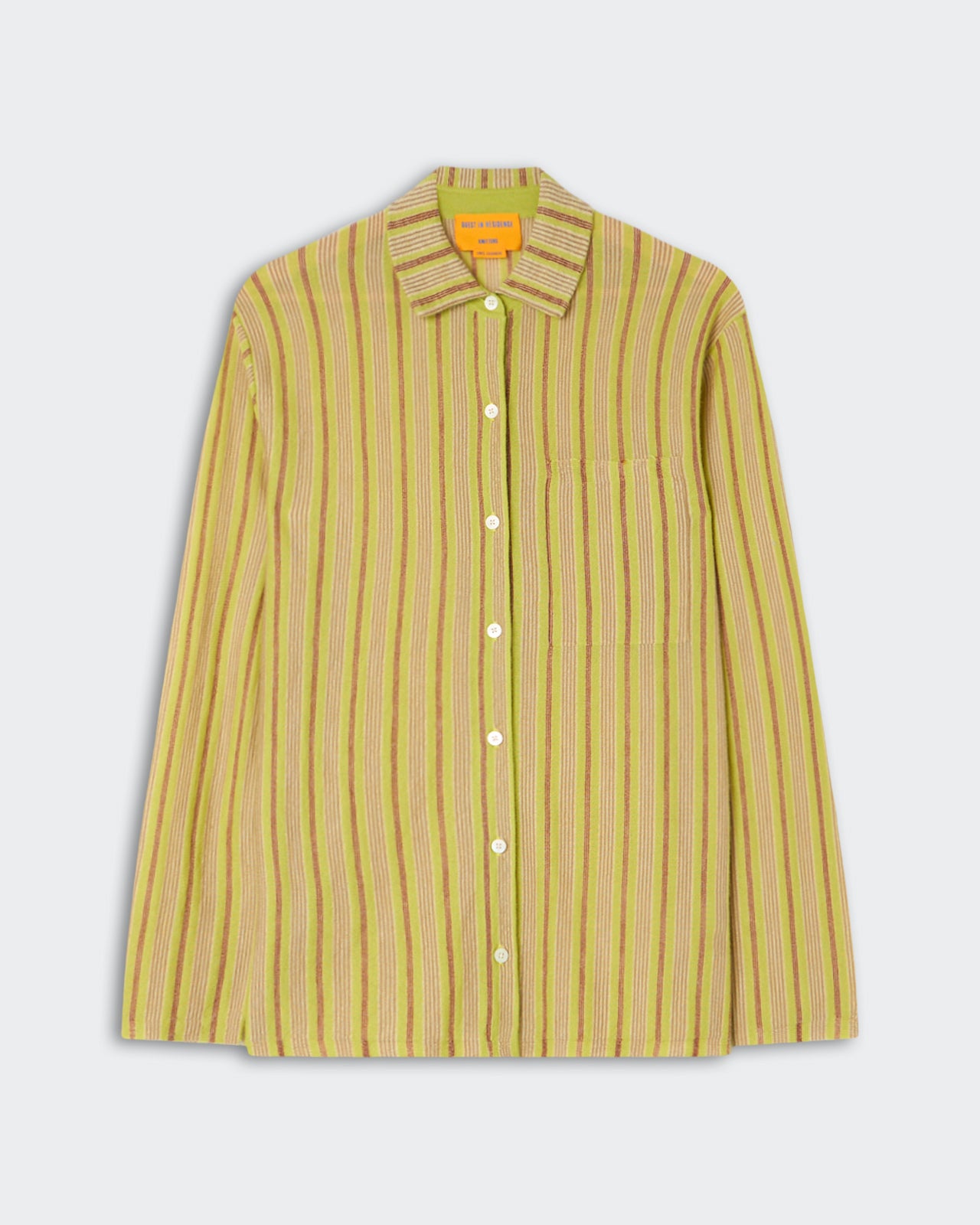 Fine Stripe Showtime Shirt - EVOO Combo featuring a lightweight fabric with vertical stripes in olive and beige tones, a classic collar, button-down front, and a chest pocket.
