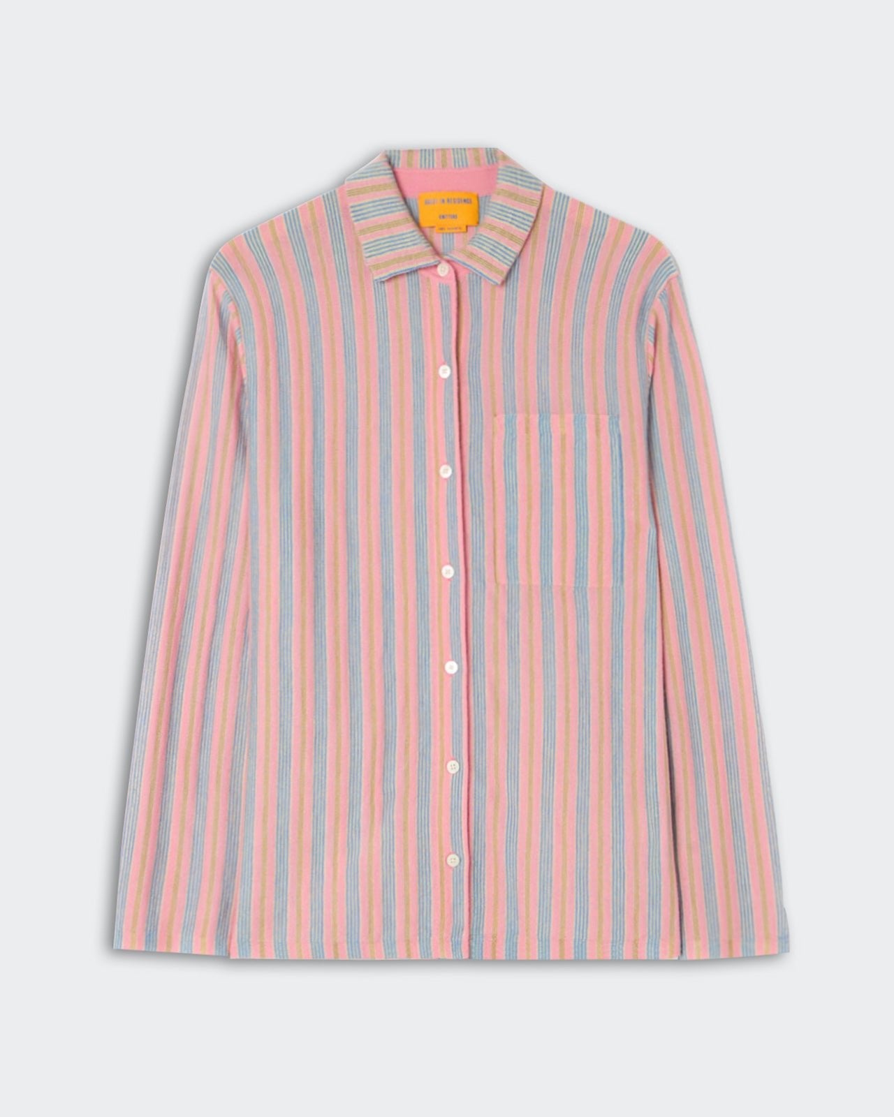 Fine Stripe Showtime Shirt - Sprinkle Combo featuring soft fabric with vertical stripes in pastel pink, blue, and cream tones, classic collar, button-down front, and single chest pocket.