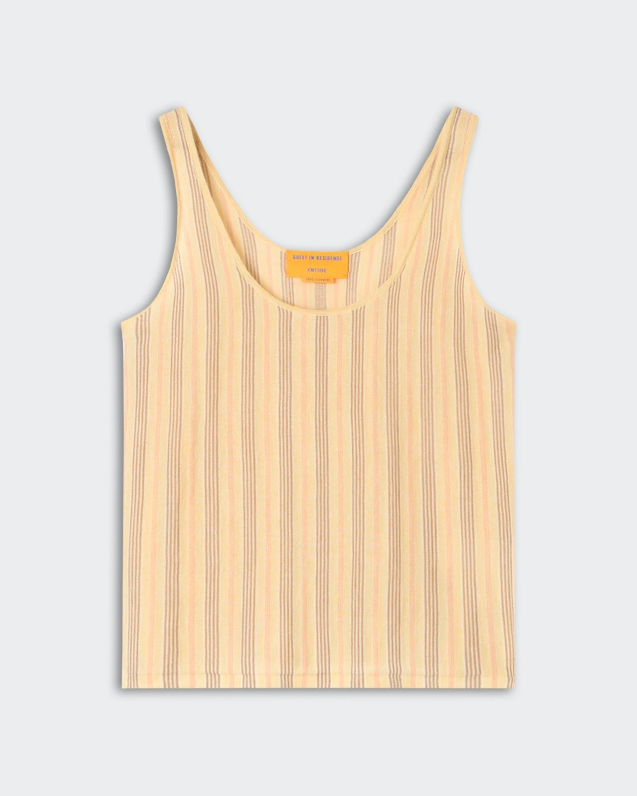 Fine Stripe Tank - Butter Combo featuring a soft cashmere blend with vertical stripes in warm yellow and beige tones, sleeveless design, and a comfortable scoop neckline.