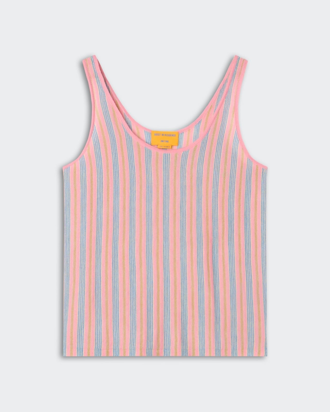 Fine Stripe Tank - Sprinkle Combo with a soft knit texture, featuring pastel pink, cream, and blue vertical stripes, a sleeveless cut, and a relaxed scoop neckline.