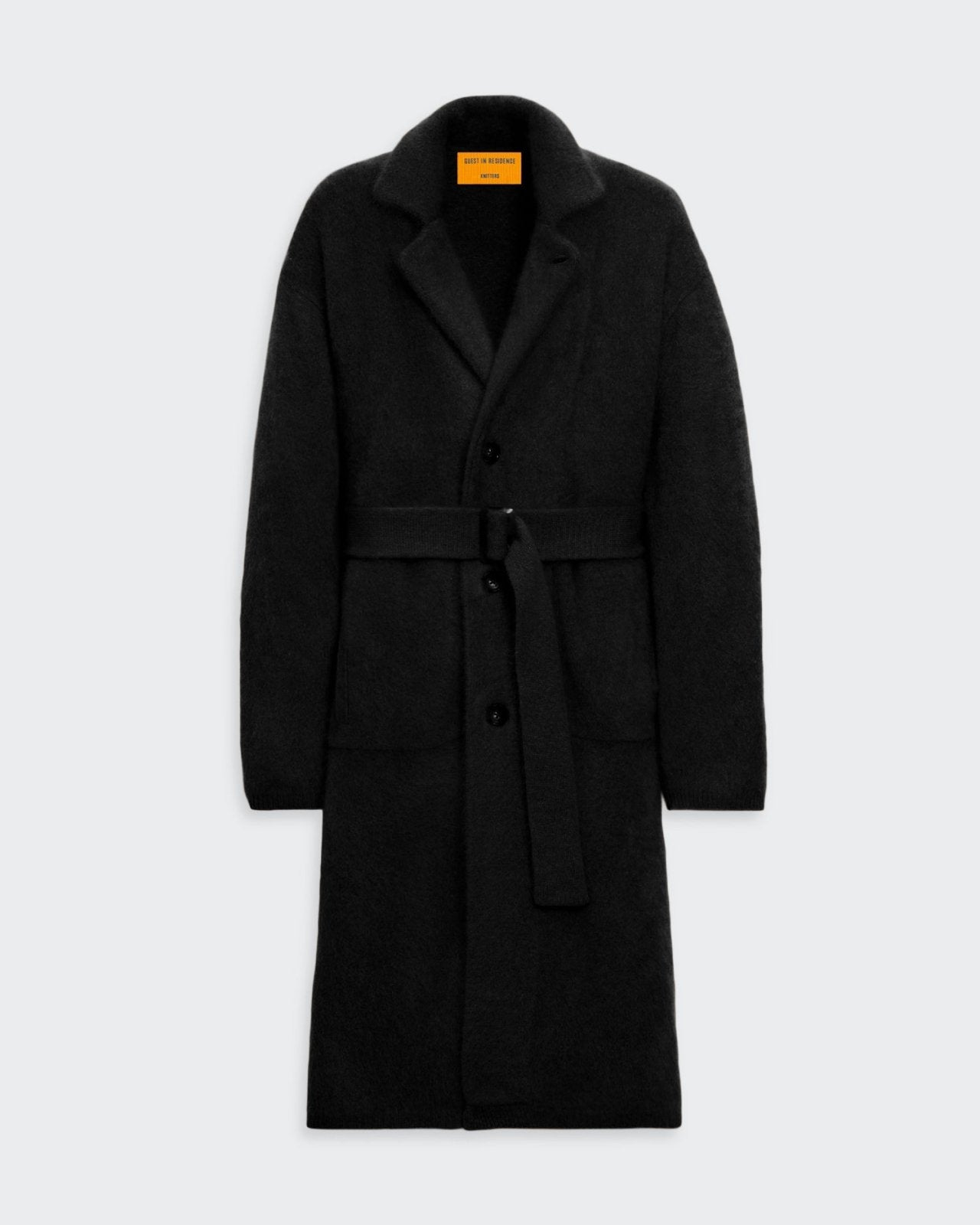 Grizzly Wash Coat - Black unisex heavy-weight knit cashmere coat with adjustable waist belt and side patch pockets.
