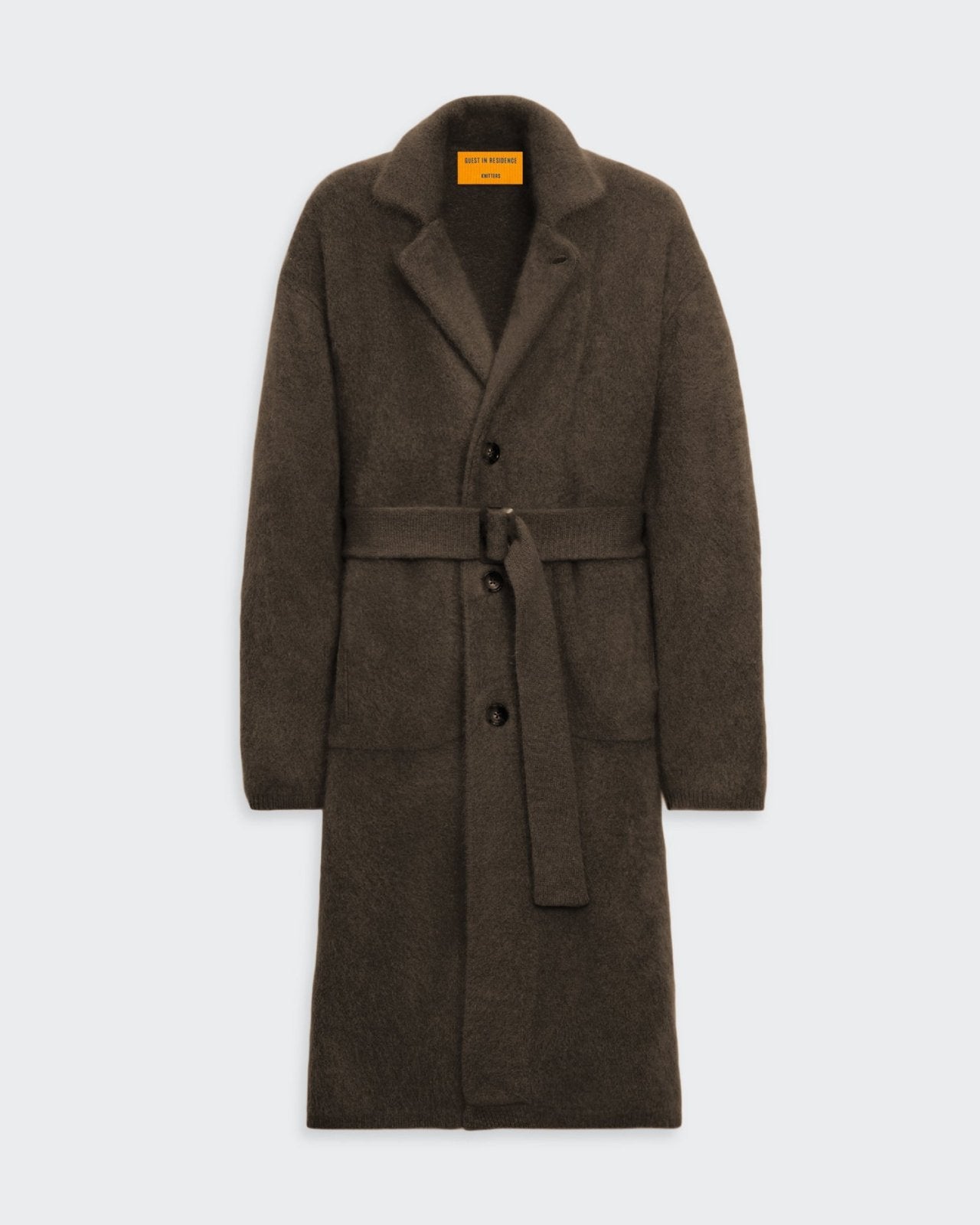 Grizzly Wash Coat - Chestnut unisex heavy-weight cashmere coat with button placket and adjustable waist belt.