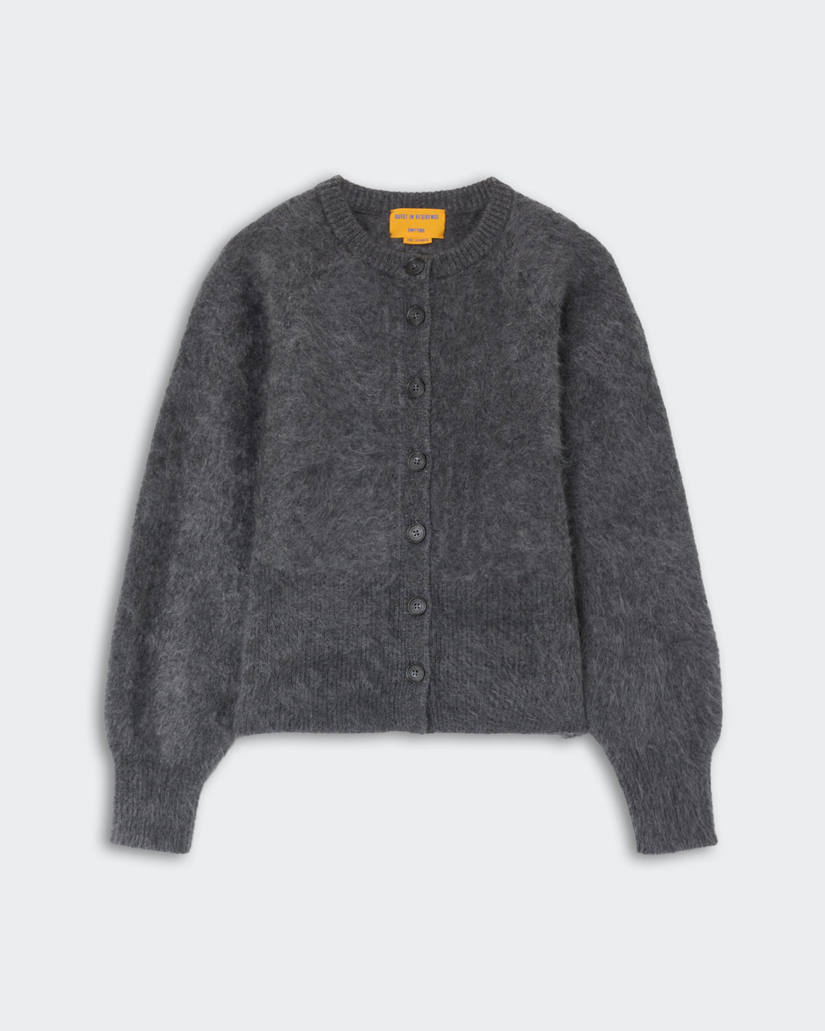 Dark gray fuzzy knit cardigan with long sleeves and buttons down the front laid flat on a light background.