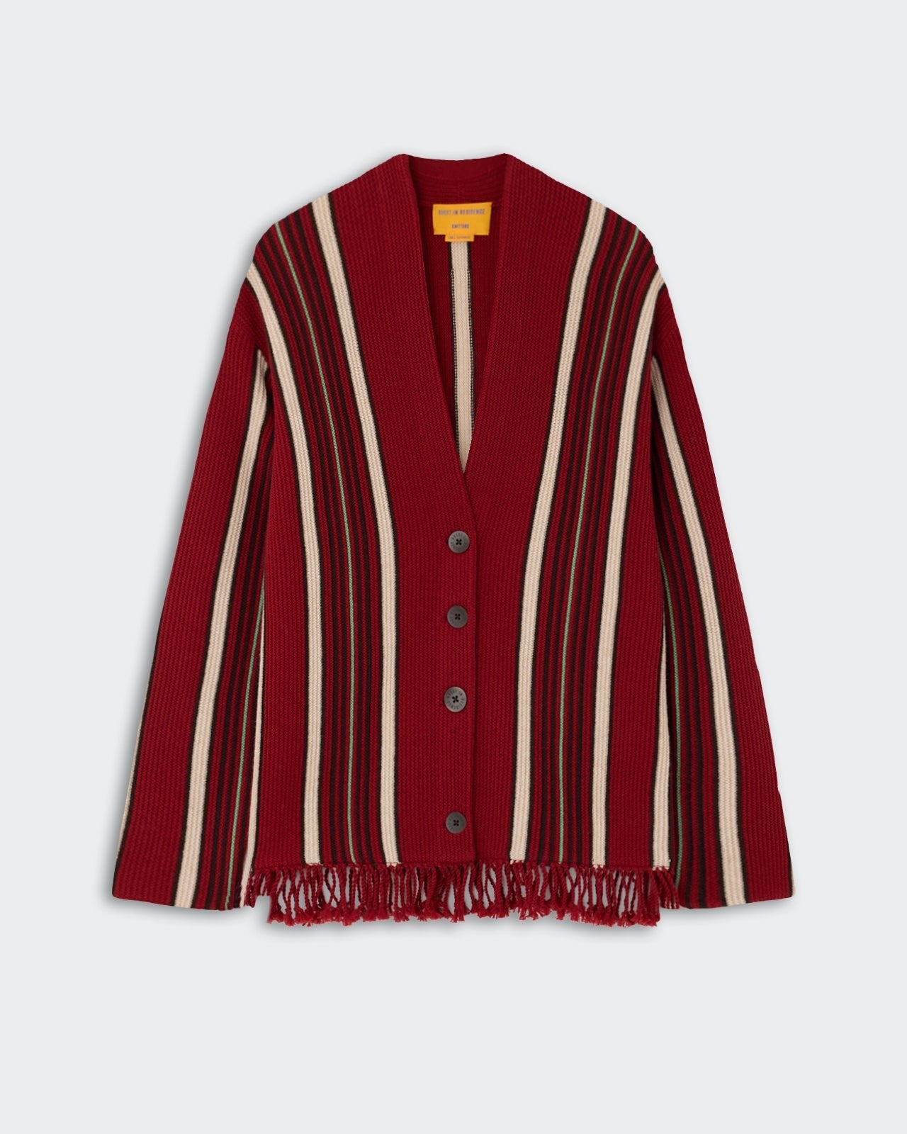 Handloom Cardigan - Carmine Combo featuring vertical stripes in carmine, beige, and black with button closure and fringed hem, made from soft ribbed knit fabric.
