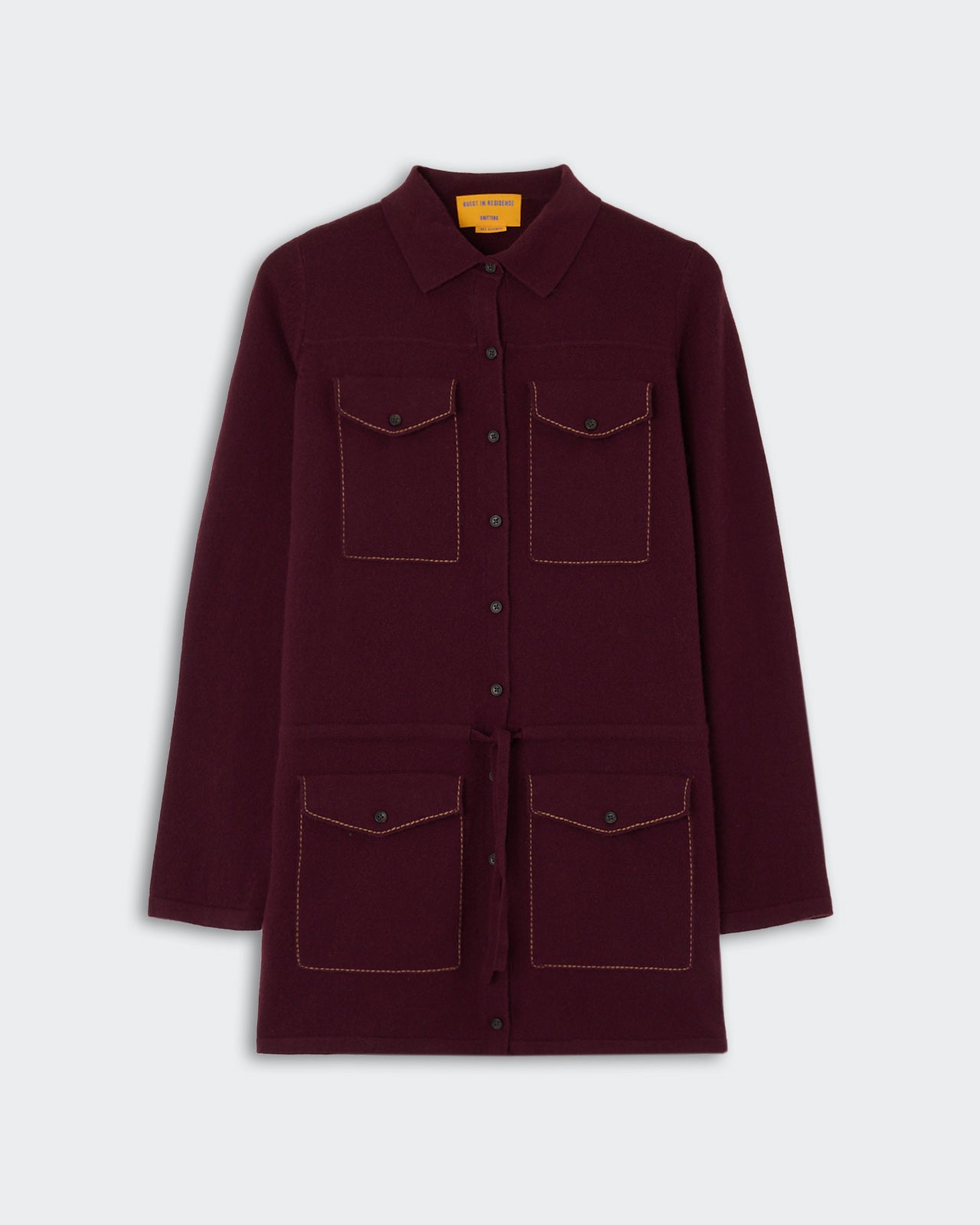 Industry Mini Dress - Fig in deep fig color with long sleeves, button-down front, collared neckline, contrast stitching, and four front pockets with button closures.
