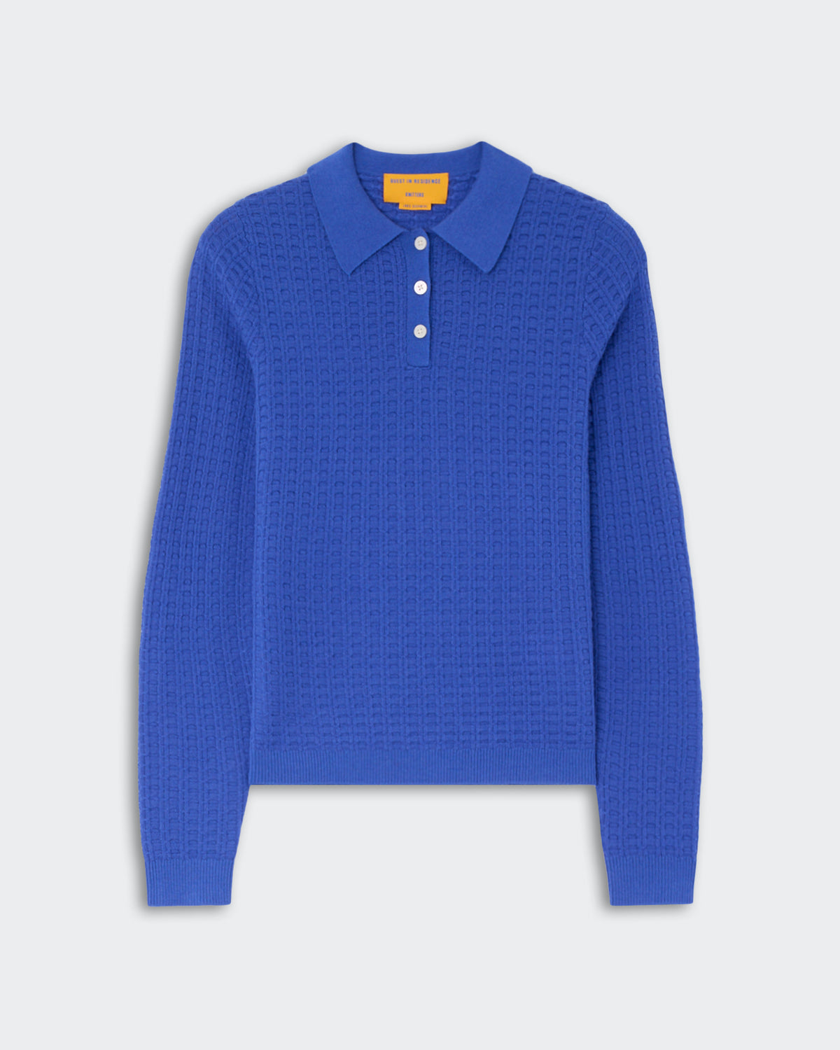 Blue long-sleeve knit polo sweater with textured pattern and three white buttons on the placket, laid flat on a light background.