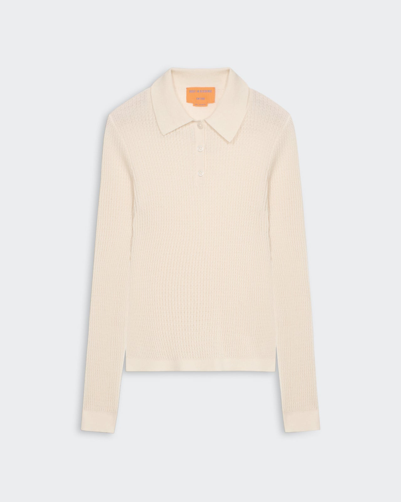 Cream Ls Shrunken Polo with rib collar, three-button placket, rib hem and cuff, lightweight waffle knit cashmere.