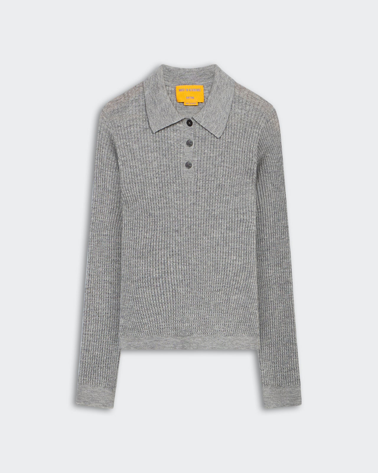 Ls Shrunken Polo - Heather Grey women's lightweight waffle knit cashmere polo with rib collar, cuffs, and button placket.