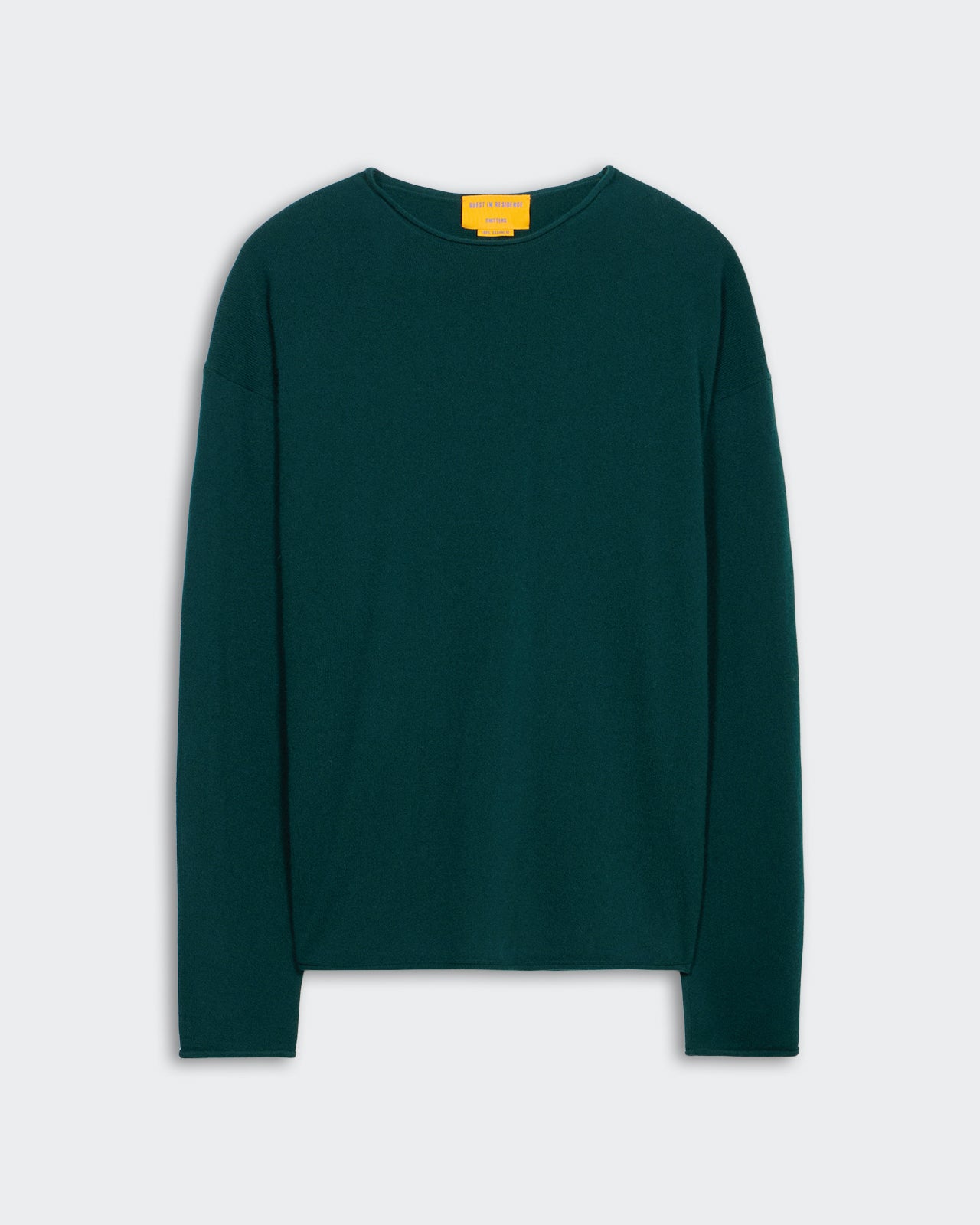 Oversized Crew - Holly in dark green cashmere with crew neck, dropped shoulders, and shirttail curved hem.
