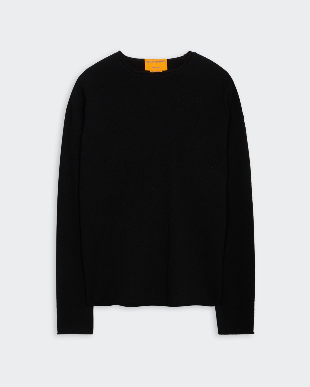 Oversized Crew - Black lightweight cashmere crew neck sweater with dropped shoulder and curved shirttail hem.