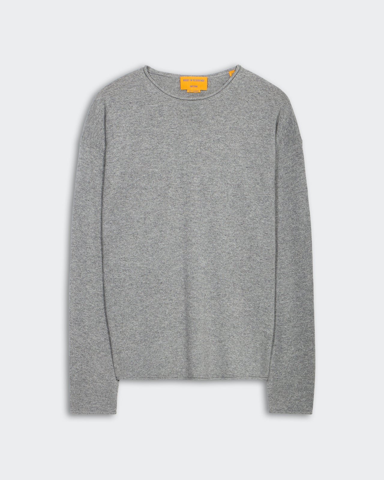 Oversized Crew - Heather Grey lightweight cashmere crew neck sweater with dropped shoulders and curved shirttail hem.