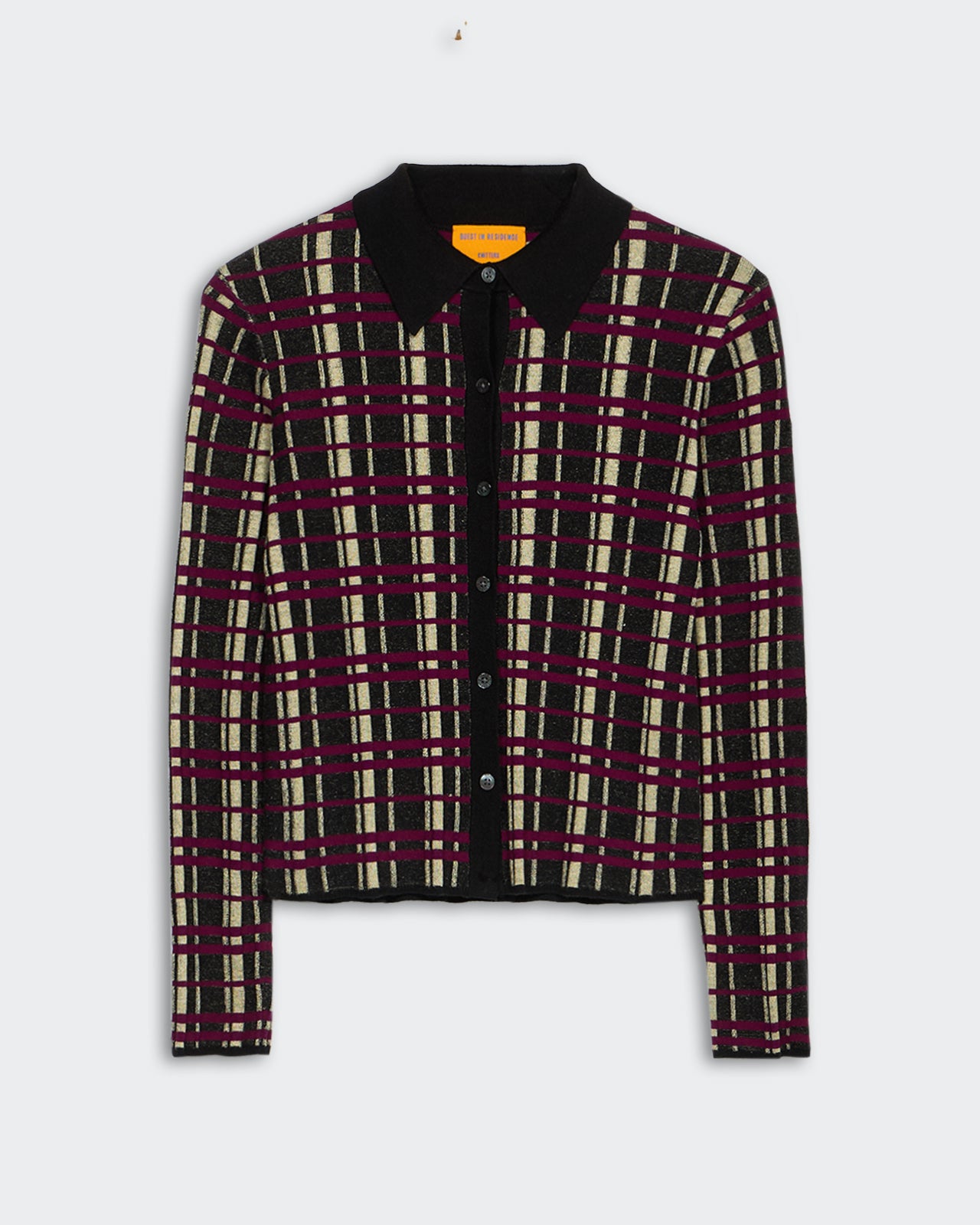 Plaid Elle Shirt - Black Combo with lightweight ribbed fabric, shirt collar, and front button-up closure in silk linen blend.