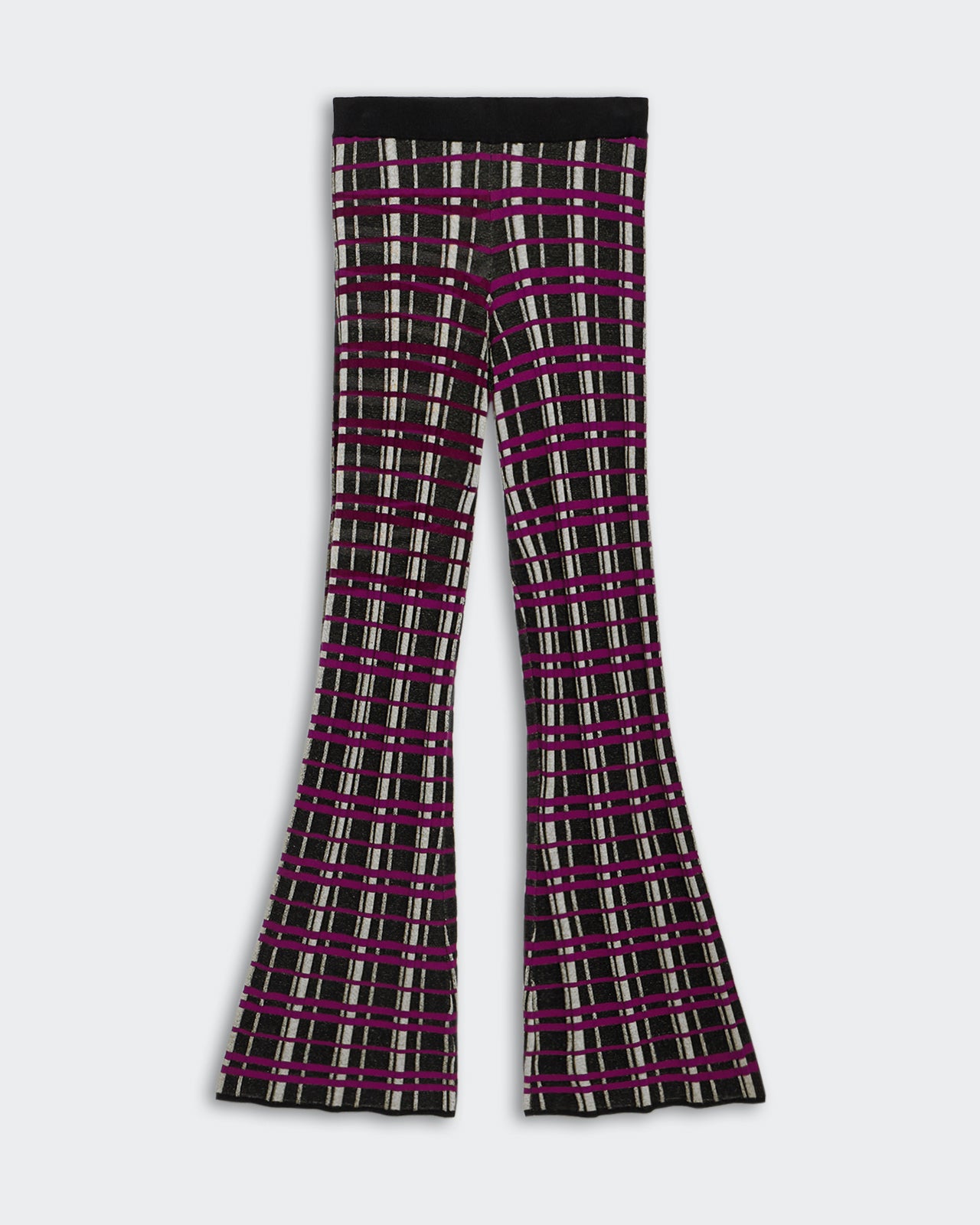 Plaid Flare Pant - Black Combo with high ankle length and elasticated rib waistband in black and magenta plaid pattern.