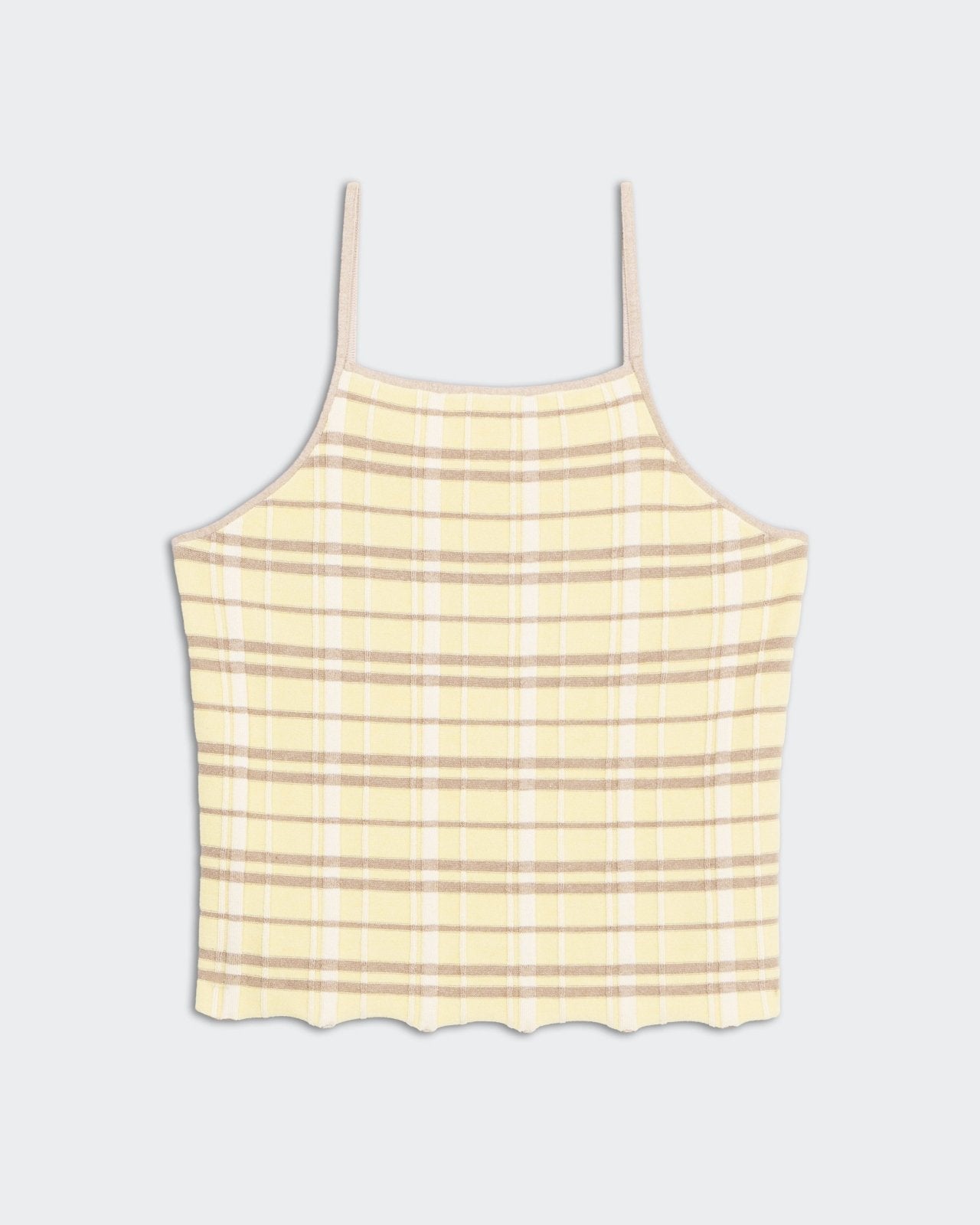 Plaid Tank Top - Butter Combo with lightweight ribbed fabric, square neck, and spaghetti straps in silk linen blend.