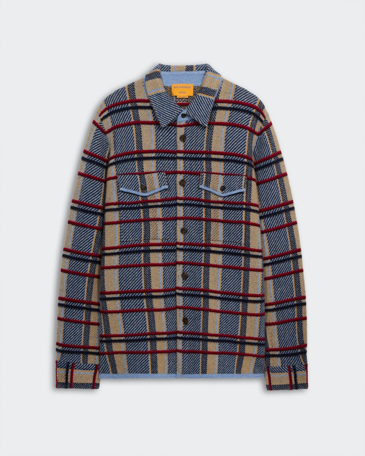 Plaid Work Shirt - Heather Blue Combo with button closure, chest pockets, cuffed sleeves, and premium cashmere knit design.