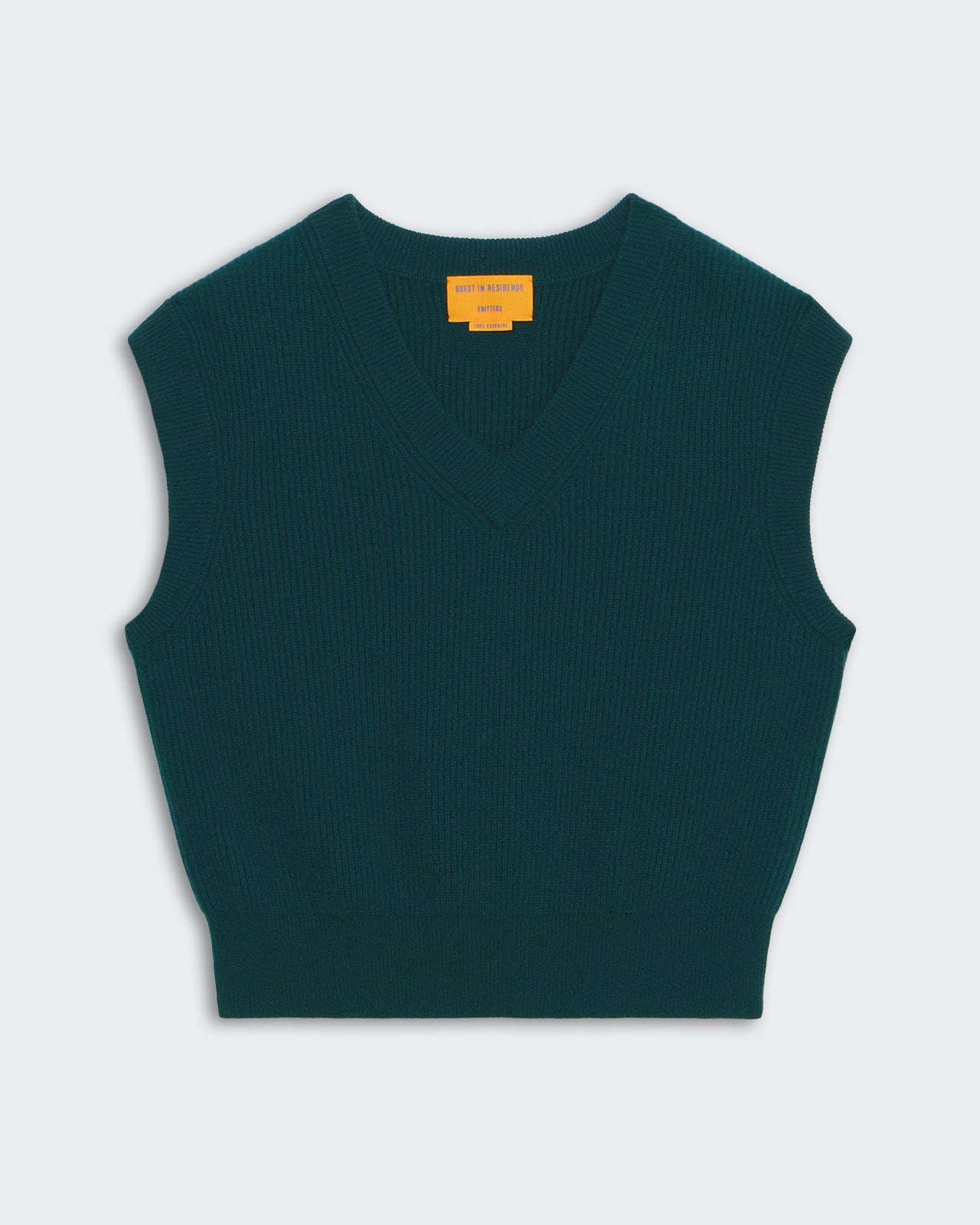 Rib Vest - Holly in dark green midweight ribbed cashmere with V-neck and tubular trim detail.