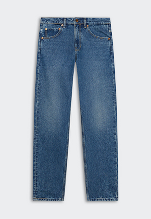 Front view of blue denim jeans with five pocket styling, belt loops, button closure, and straight legs against a light gray background.