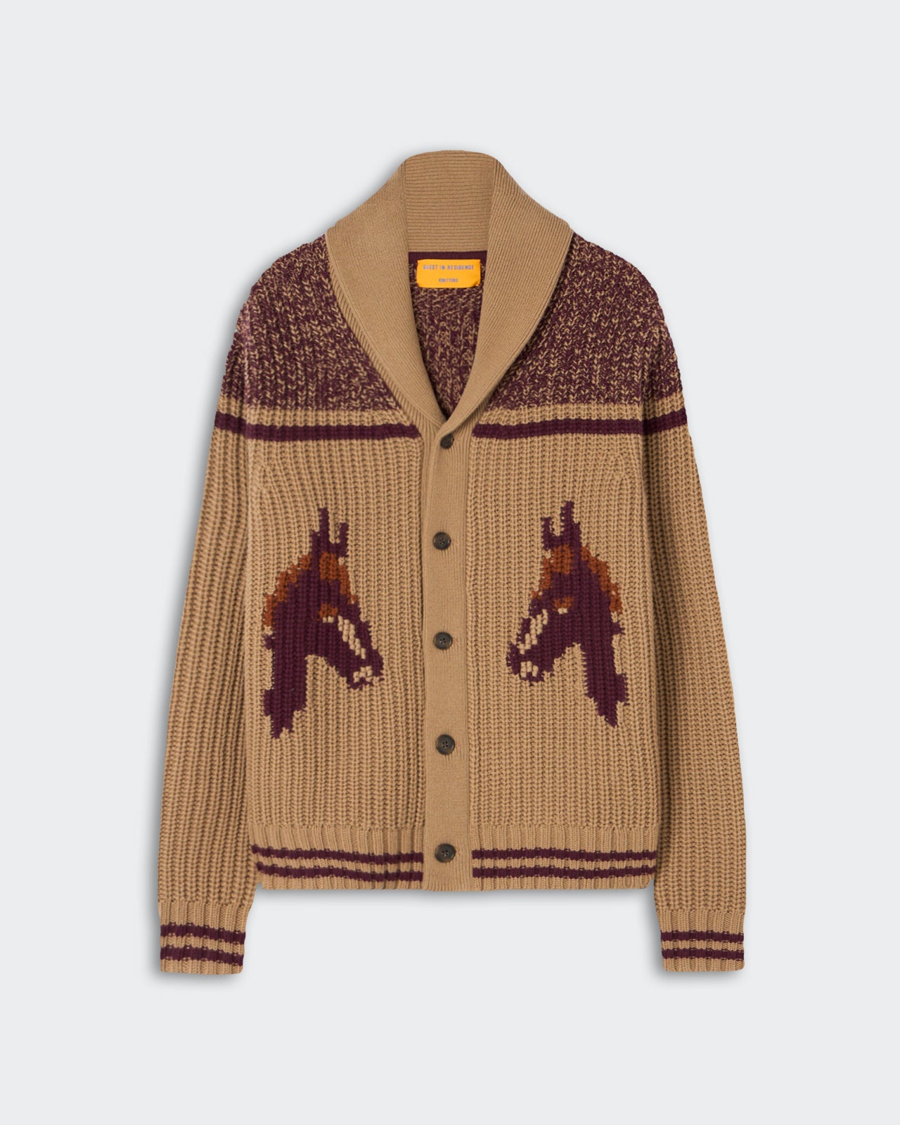 Beige and brown knitted cardigan with shawl collar, button front, and horse head patterns on each side of the chest against a plain gray background.