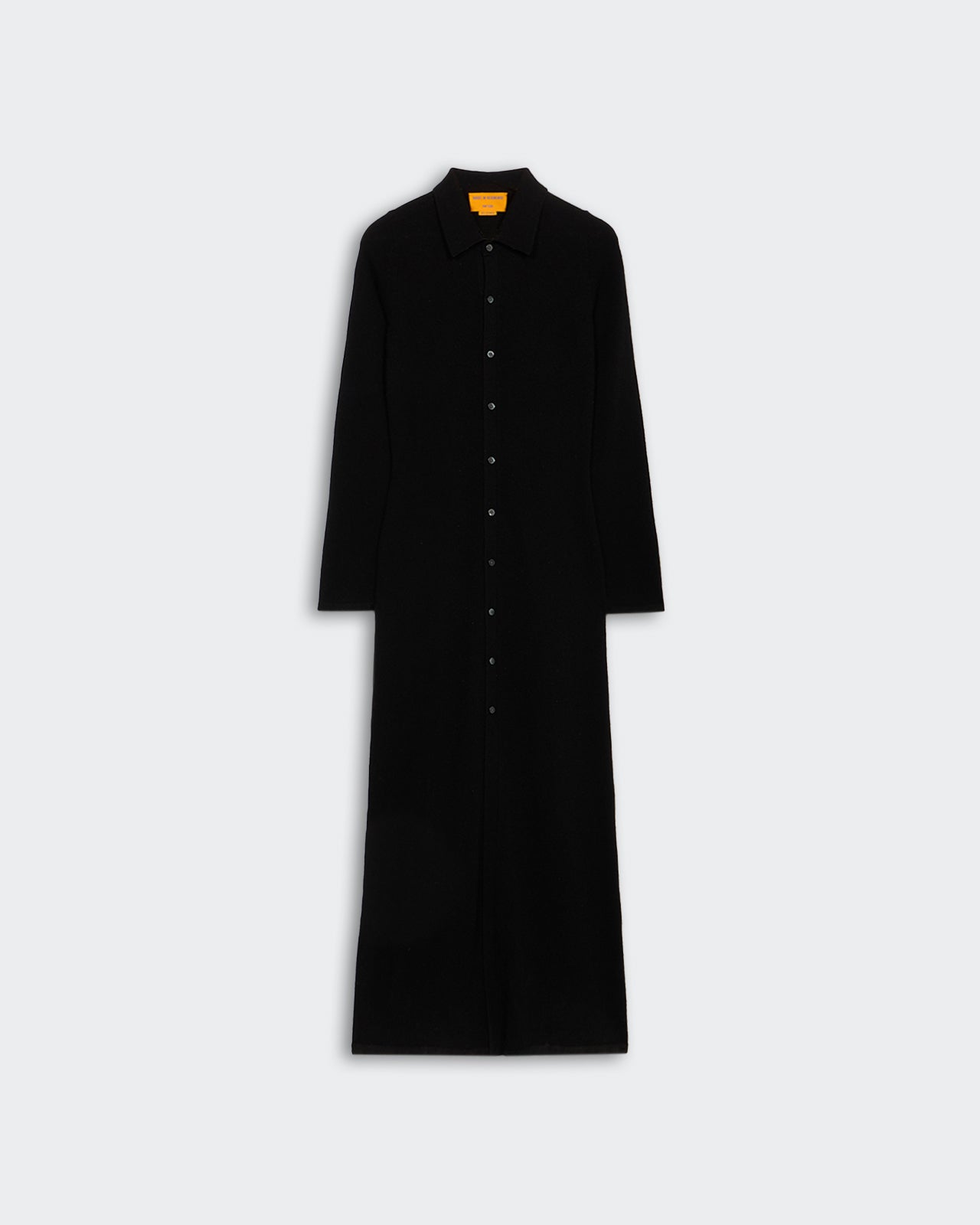 Showtime Shirt Dress In Cashmere - Black long lightweight jersey shirt dress with front buttons and stand collar.
