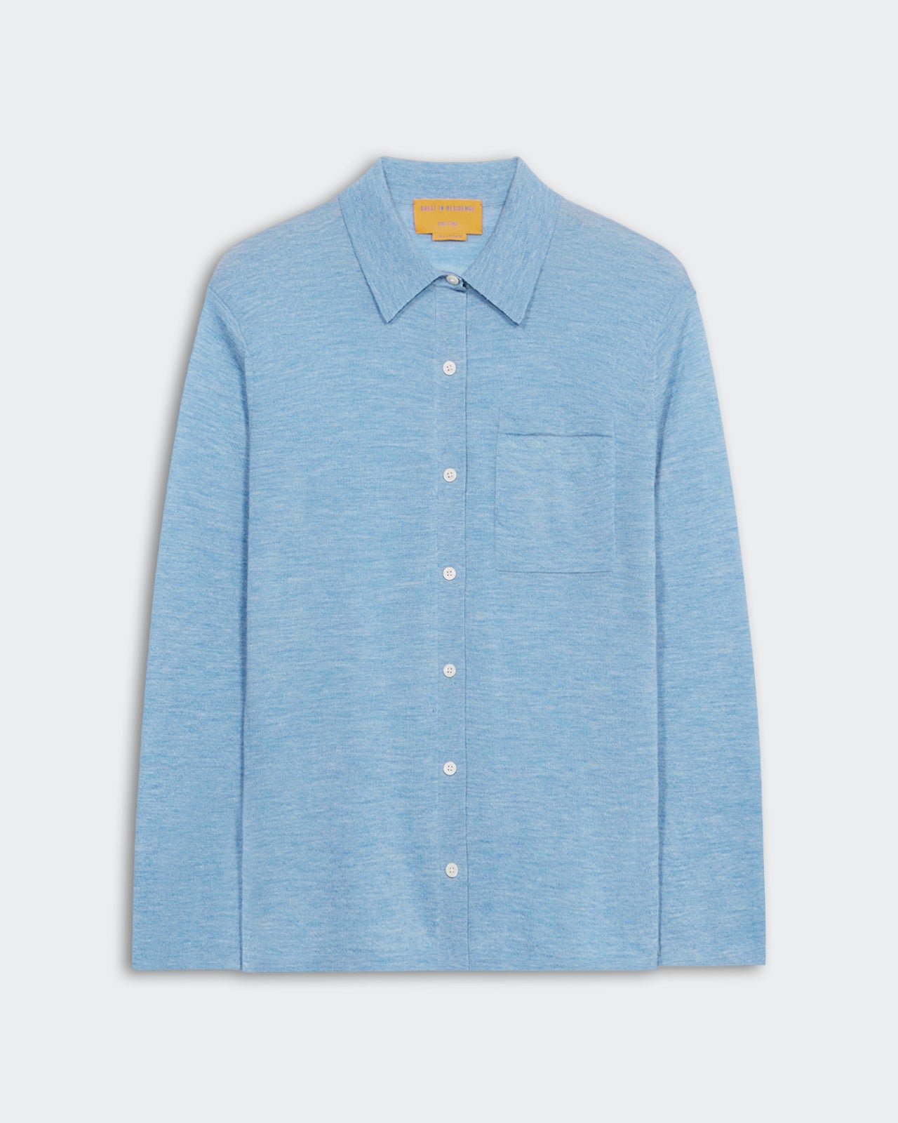 Showtime Shirt - Heather Blue women's button-down cashmere shirt with collar and front pocket, extra light-weight knit