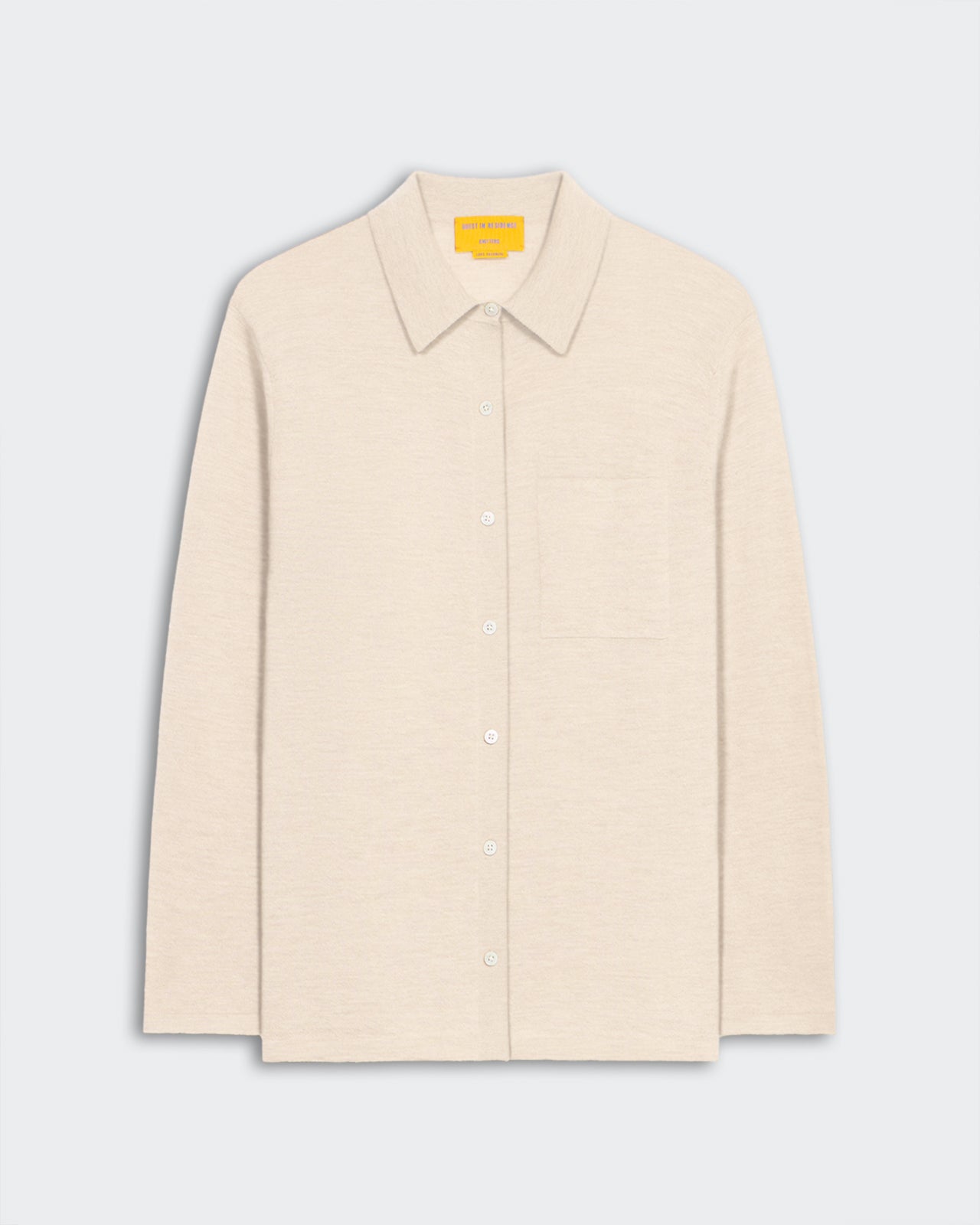 Showtime Shirt - Oatmeal button-down shirt with collar, front patch pocket, made of lightweight 100% cashmere.