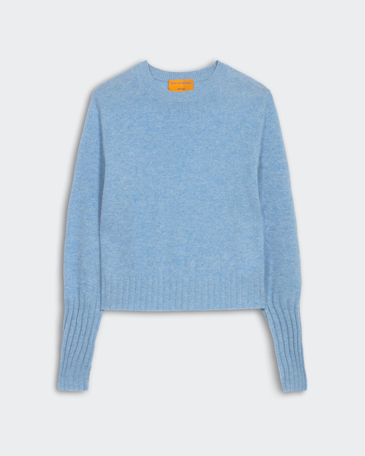 Shrunken Crew - Heather Blue women's slim fit cashmere sweater with high rib sleeve cuffs and rib trim hem.