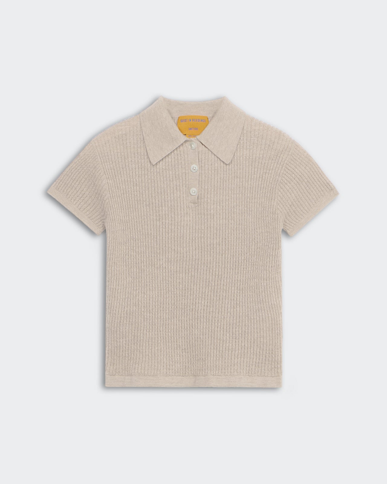 Shrunken Polo - Taupe women's lightweight waffle knit cashmere polo with collared three-button placket and short sleeves