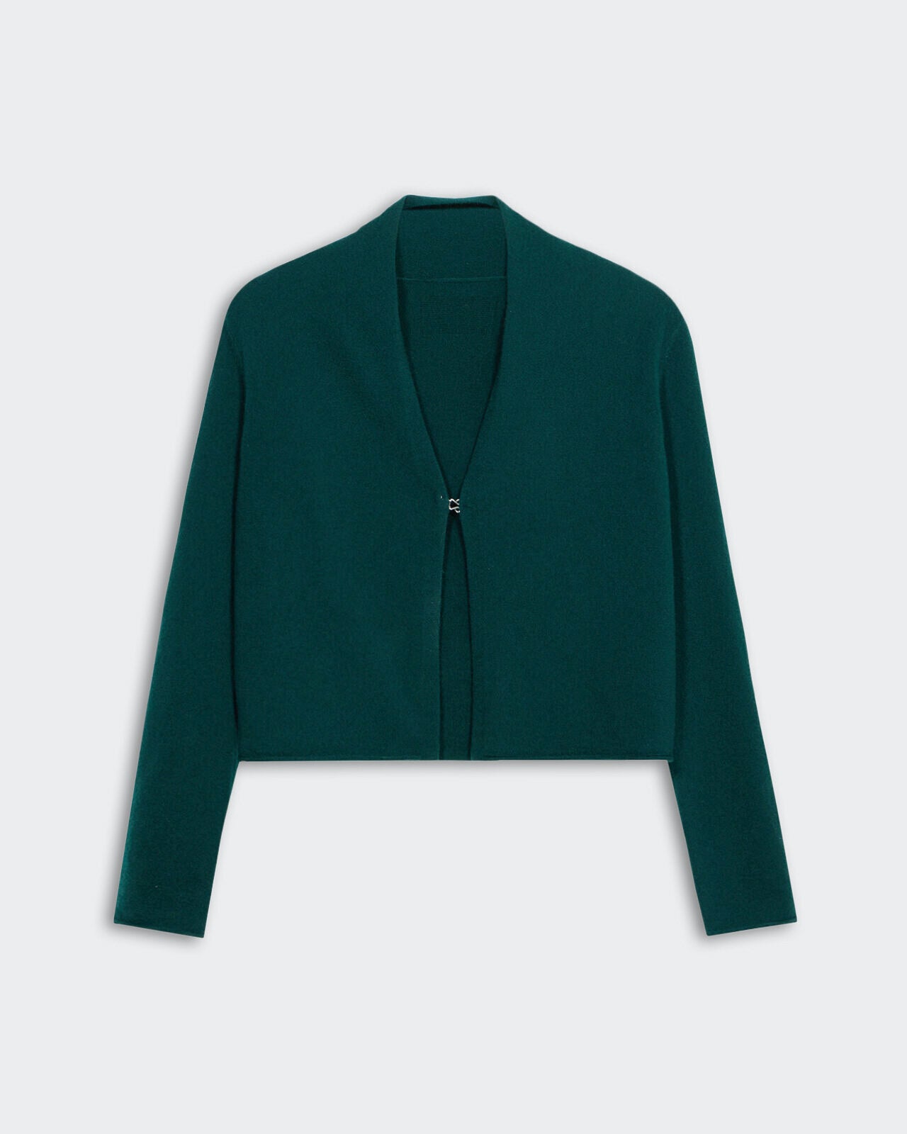 Lightweight women's Stealth Cardigan in Holly green with shawl collar, front hook-and-eye closure, and jersey roll hem and cuffs.