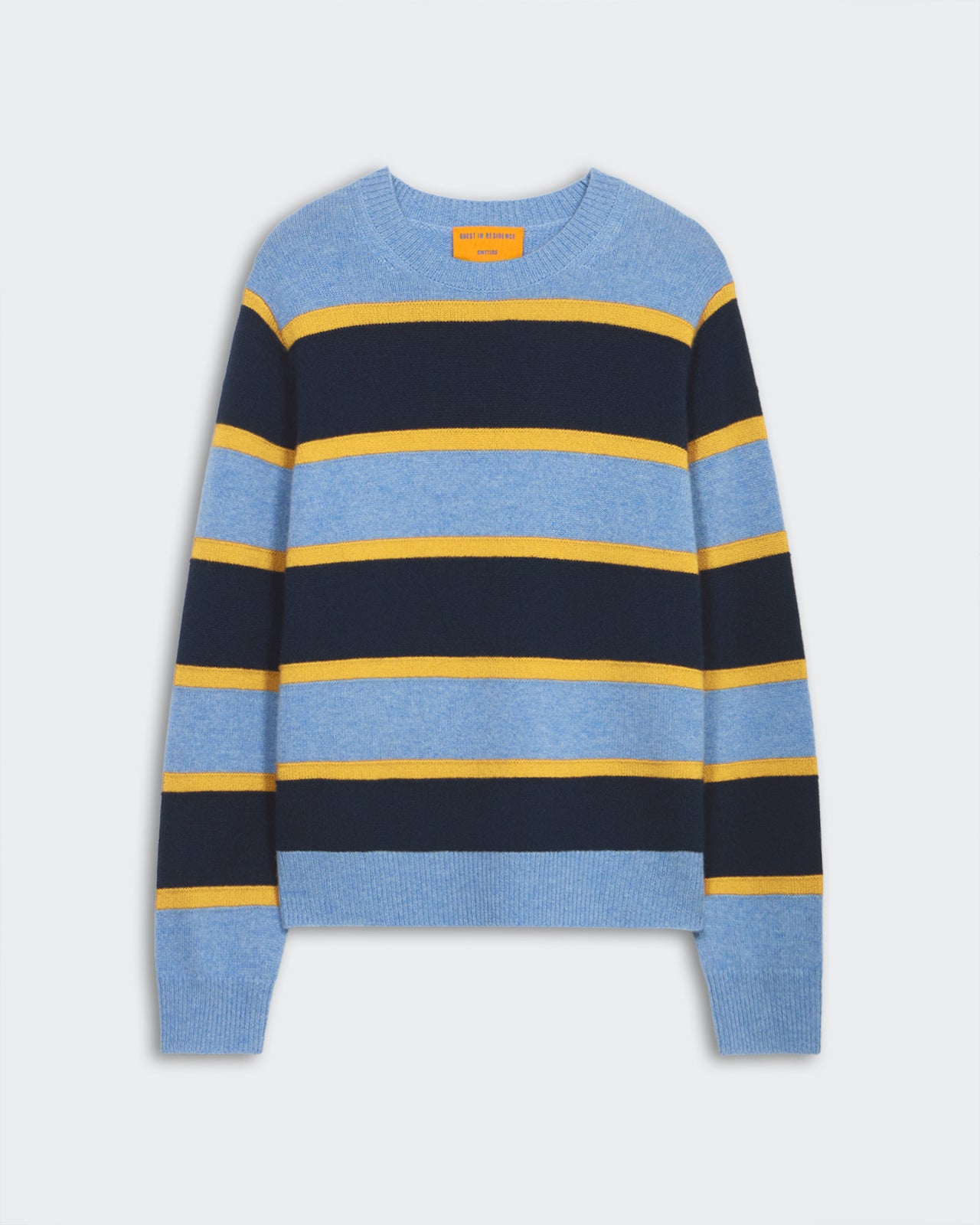 Stripe Crew - Heather Blue Combo unisex mid-weight crew sweater with raised stripes and ribbed trim in premium cashmere.