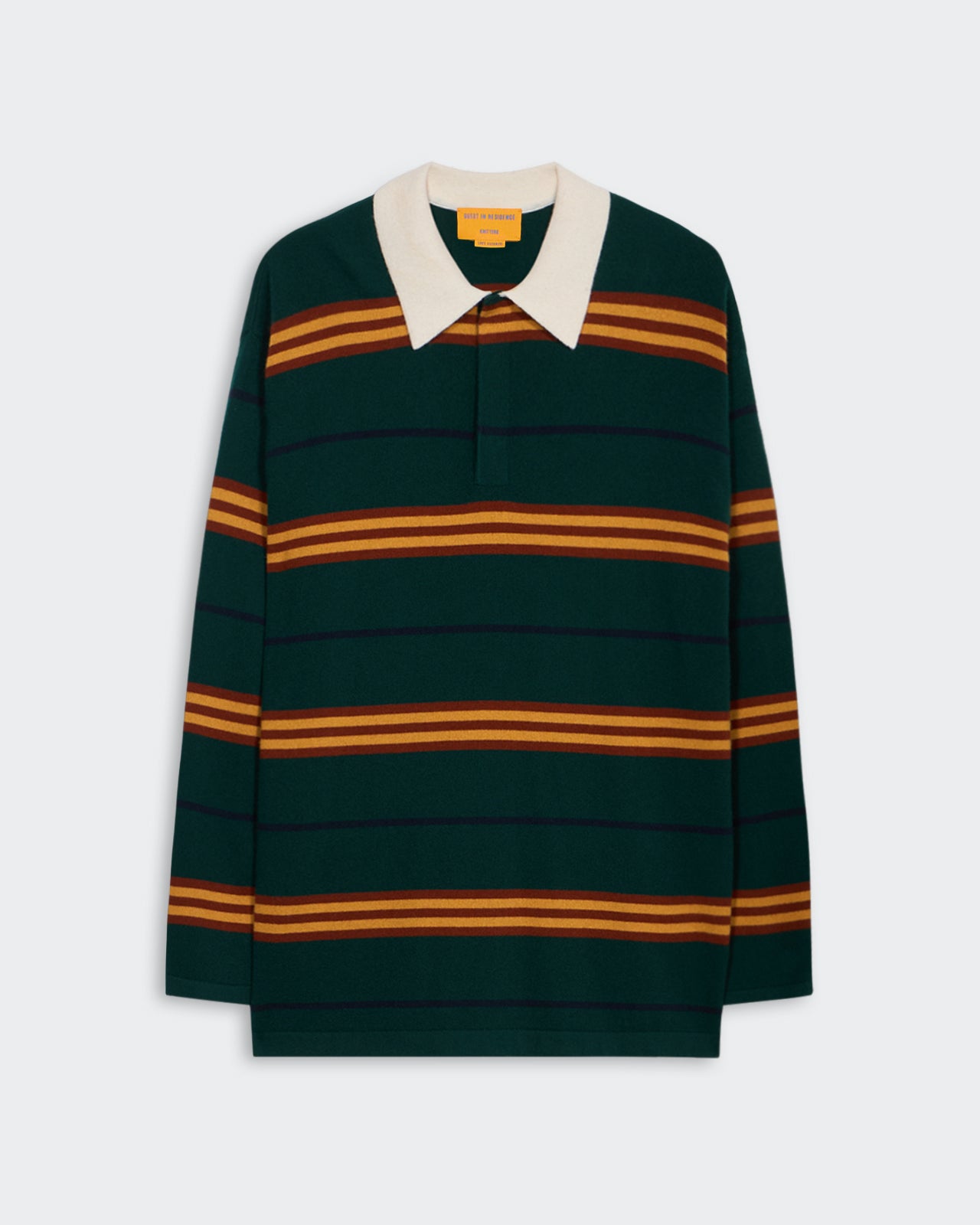 Striped Rugby - Holly Combo long sleeve cashmere rugby shirt with white collar and yellow and orange stripes
