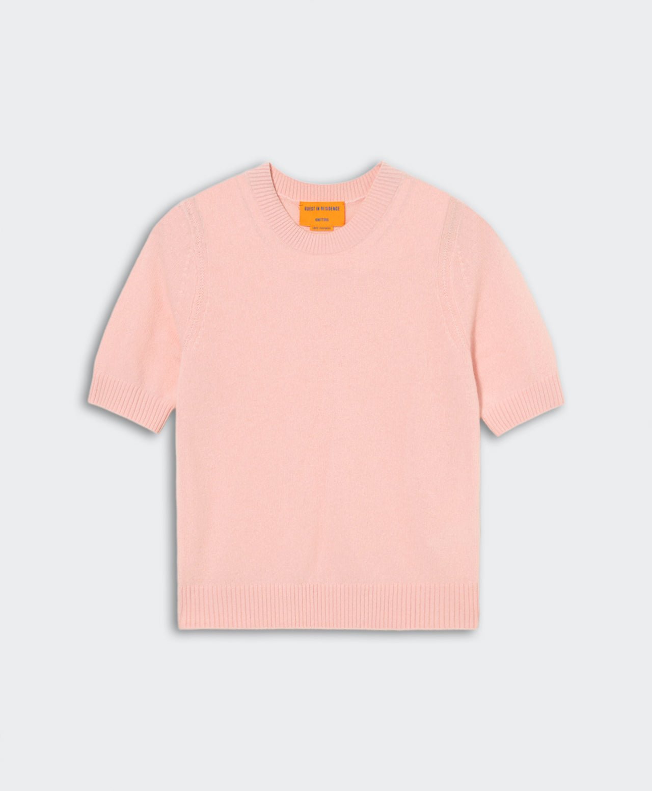 Sweater Tee - Powder Pink lightweight cropped cashmere crewneck sweater with ribbed trim and short sleeves.