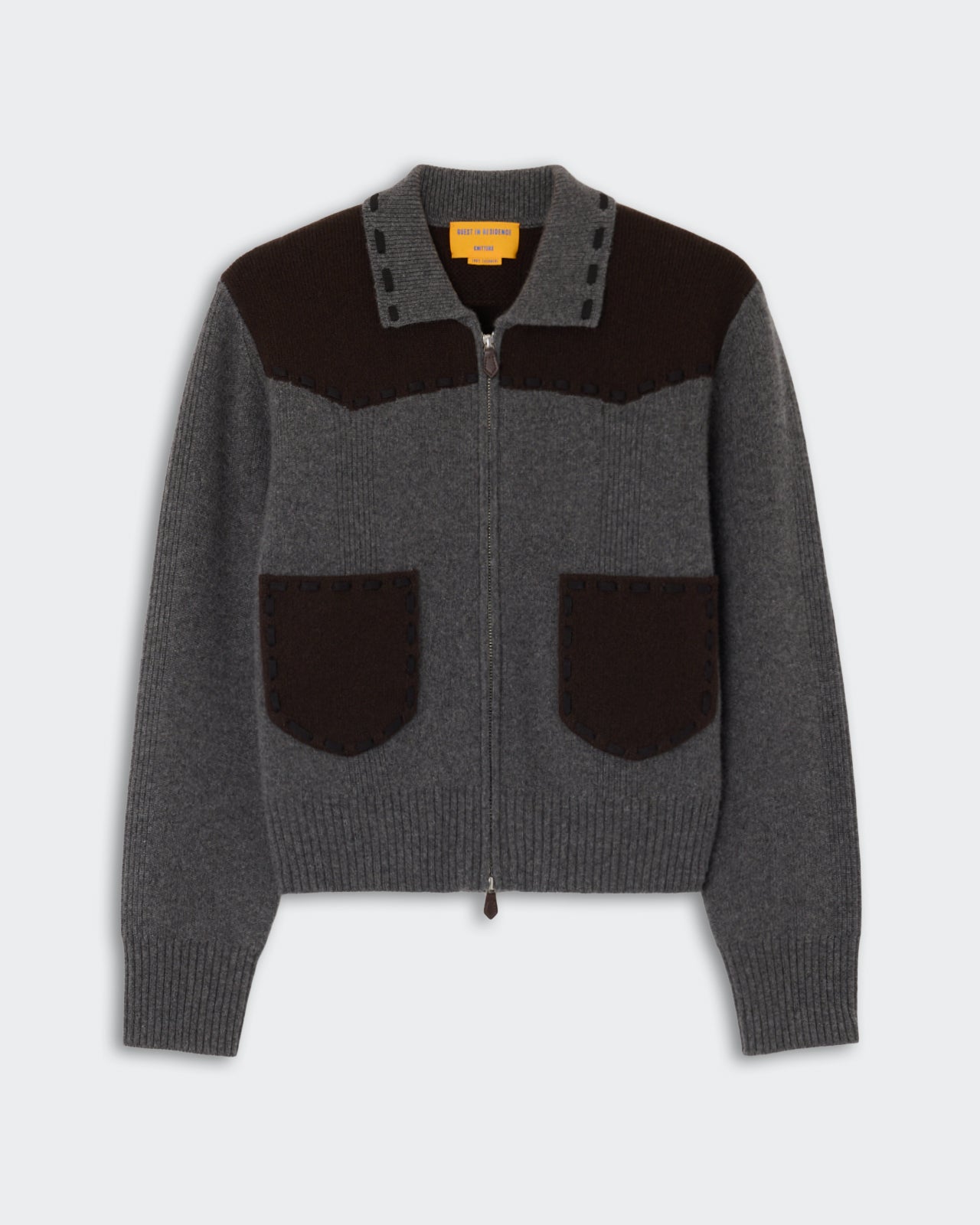 Saddle Up! Jacket - Charcoal/Burnt Cocoa featuring a zip-up front, contrast brown yoke and pockets, knit cuffs, and a textured collar made from soft cashmere.