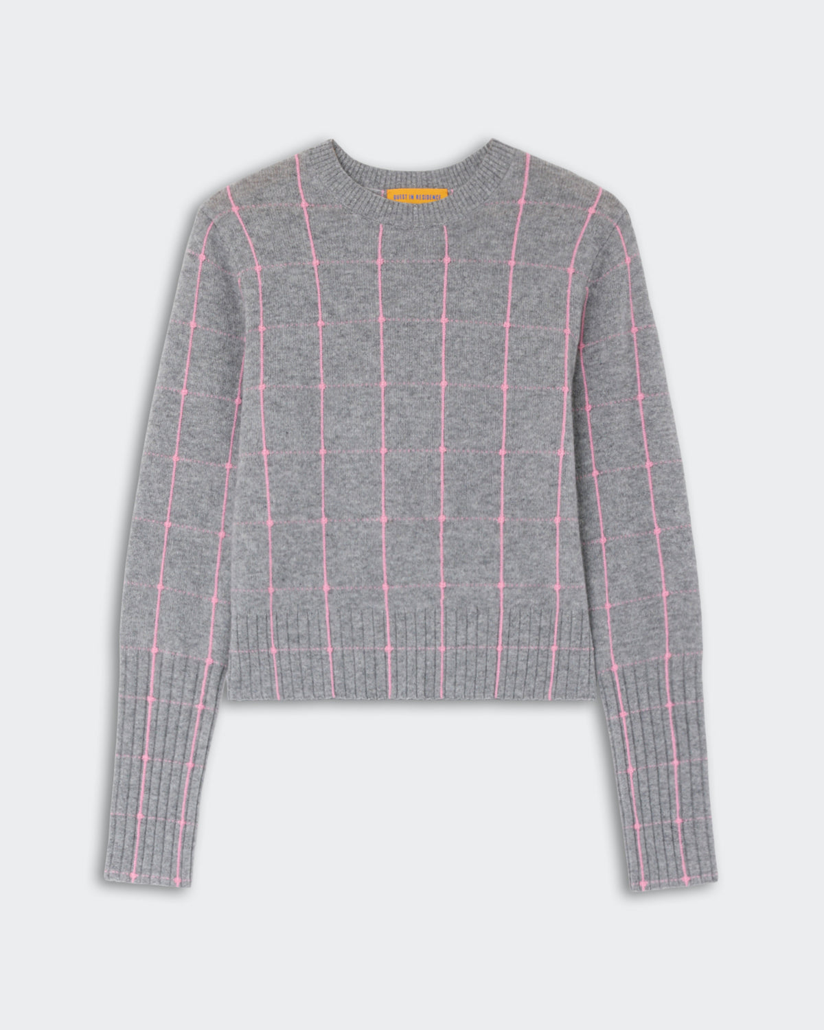 Shrunken Checker Crew - Heather Grey/Sprinkle sweater with a soft cashmere blend featuring a subtle pink checkered pattern and ribbed cuffs and hem.